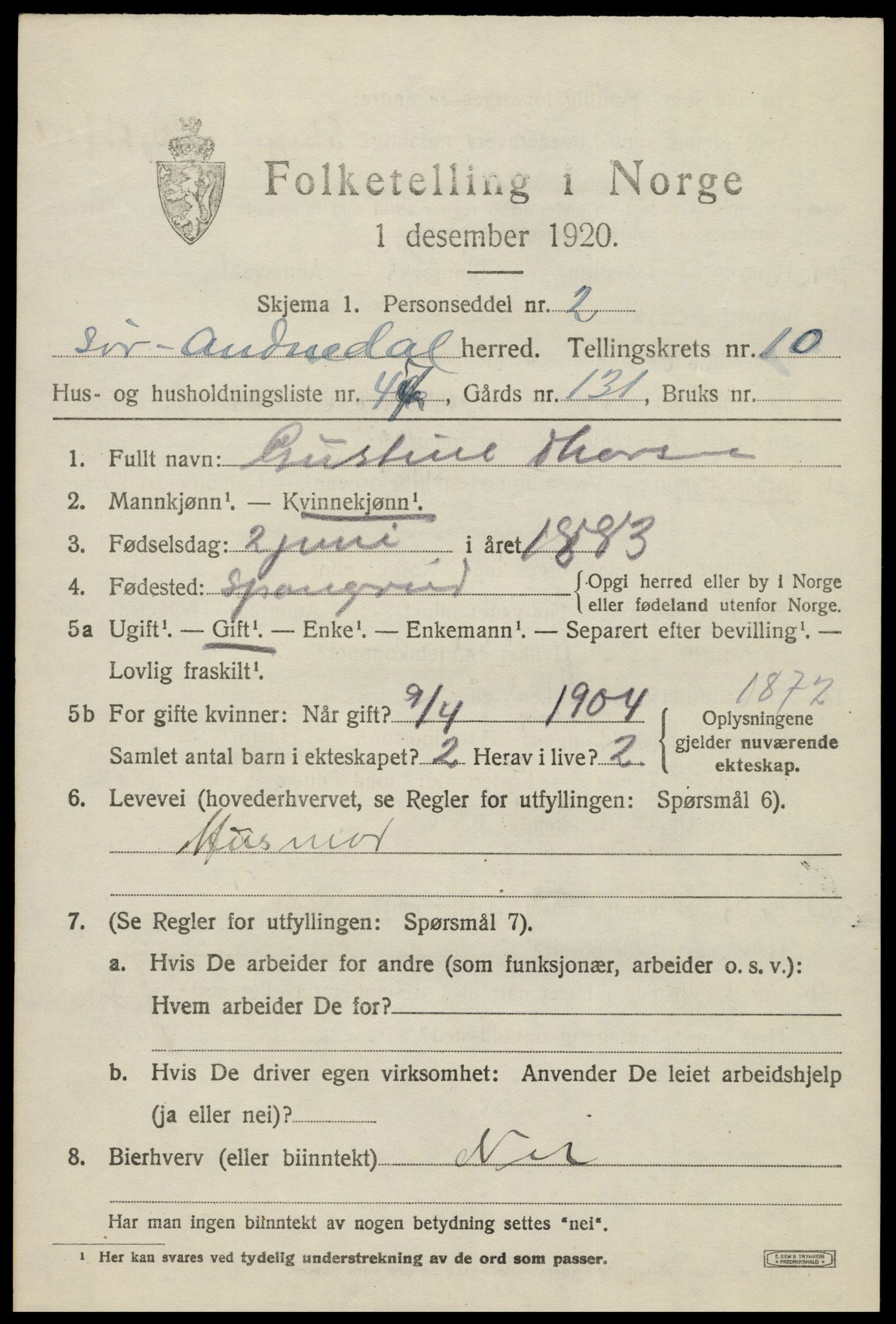 SAK, Folketelling 1920 for 1029 Sør-Audnedal herred, 1920, s. 4235