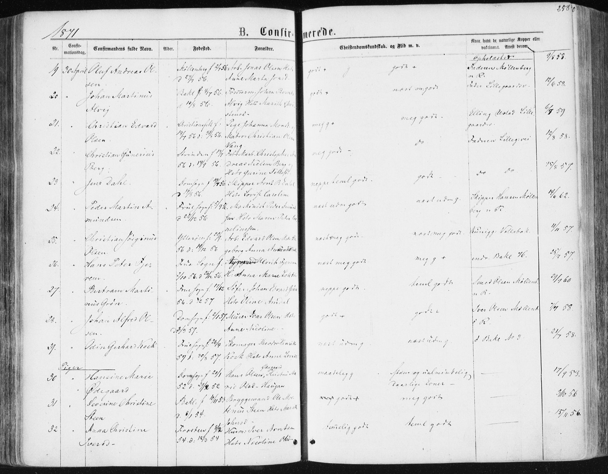 Ministerialprotokoller, klokkerbøker og fødselsregistre - Sør-Trøndelag, SAT/A-1456/604/L0186: Ministerialbok nr. 604A07, 1866-1877, s. 258