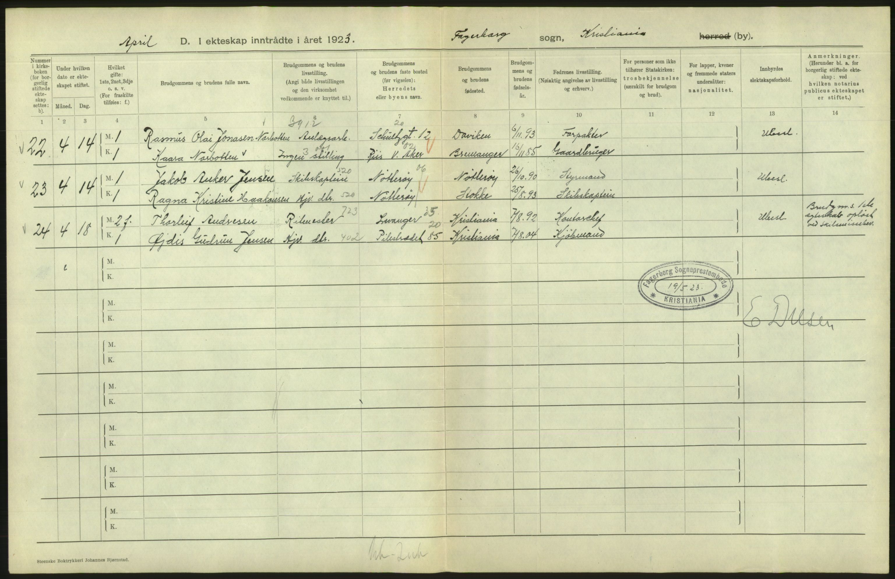 Statistisk sentralbyrå, Sosiodemografiske emner, Befolkning, AV/RA-S-2228/D/Df/Dfc/Dfcc/L0008: Kristiania: Gifte, 1923, s. 344