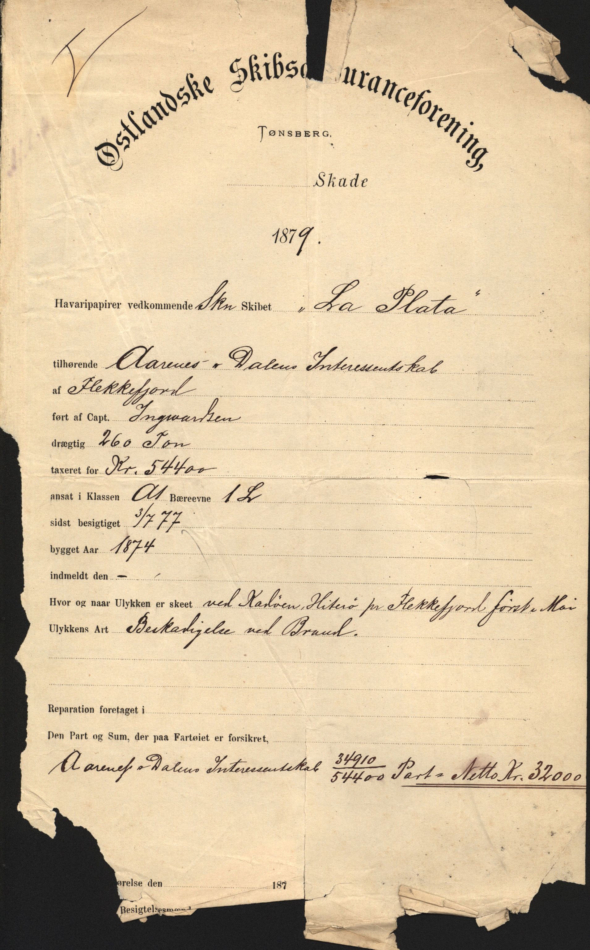 Pa 63 - Østlandske skibsassuranceforening, VEMU/A-1079/G/Ga/L0011/0019: Havaridokumenter / La Plata, 1879