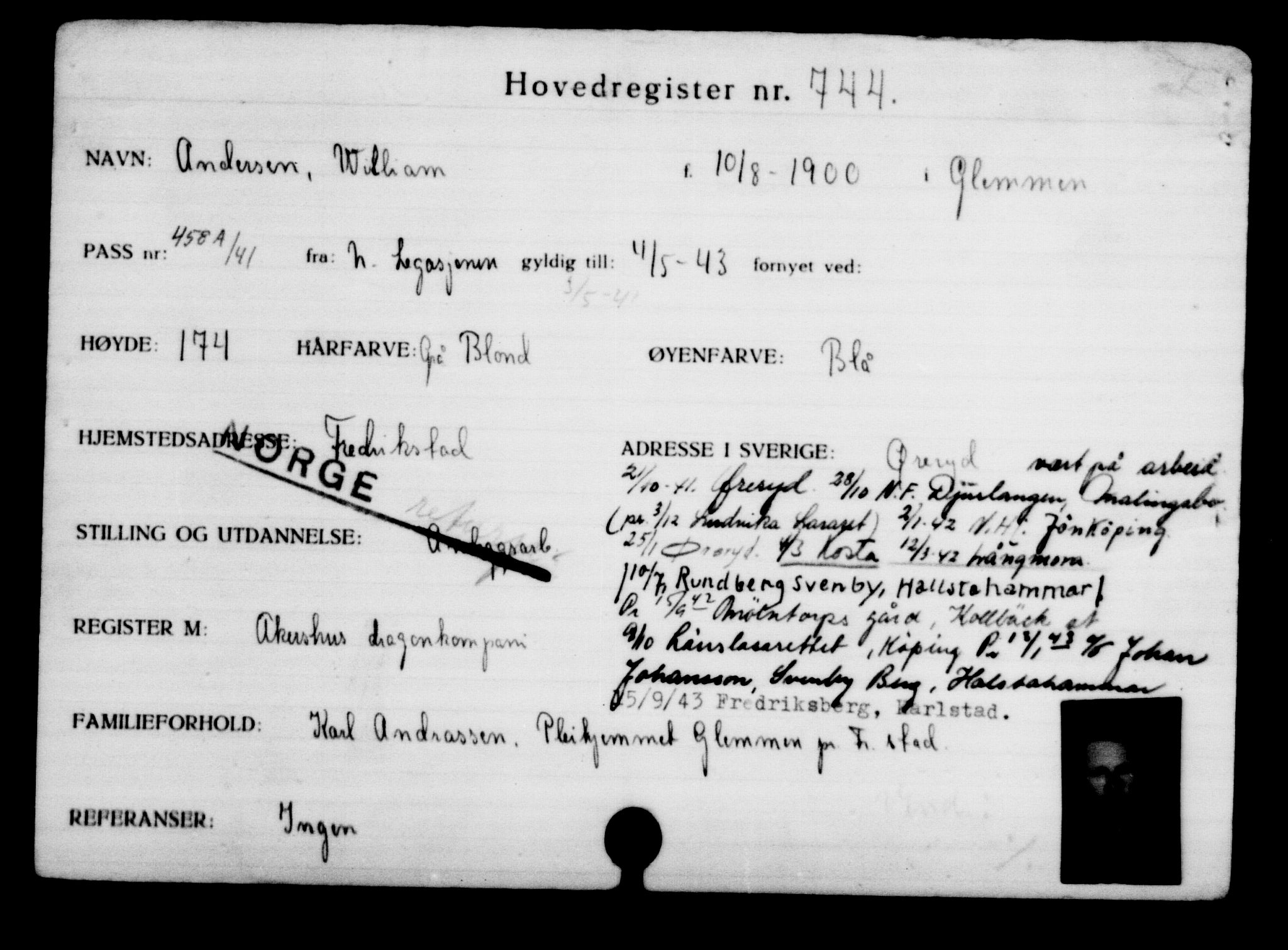Utenriksstasjonene, Legasjonen i Stockholm, Flyktningkontoret, AV/RA-S-6753/V/Va/L0001: Kjesäterkartoteket, flyktninger med registreringsnr. 1-1000, 1940-1945, s. 1170