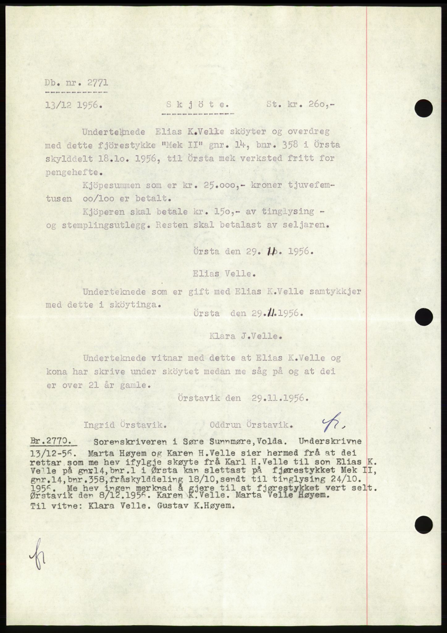 Søre Sunnmøre sorenskriveri, AV/SAT-A-4122/1/2/2C/L0105: Pantebok nr. 31A, 1956-1957, Dagboknr: 2771/1956