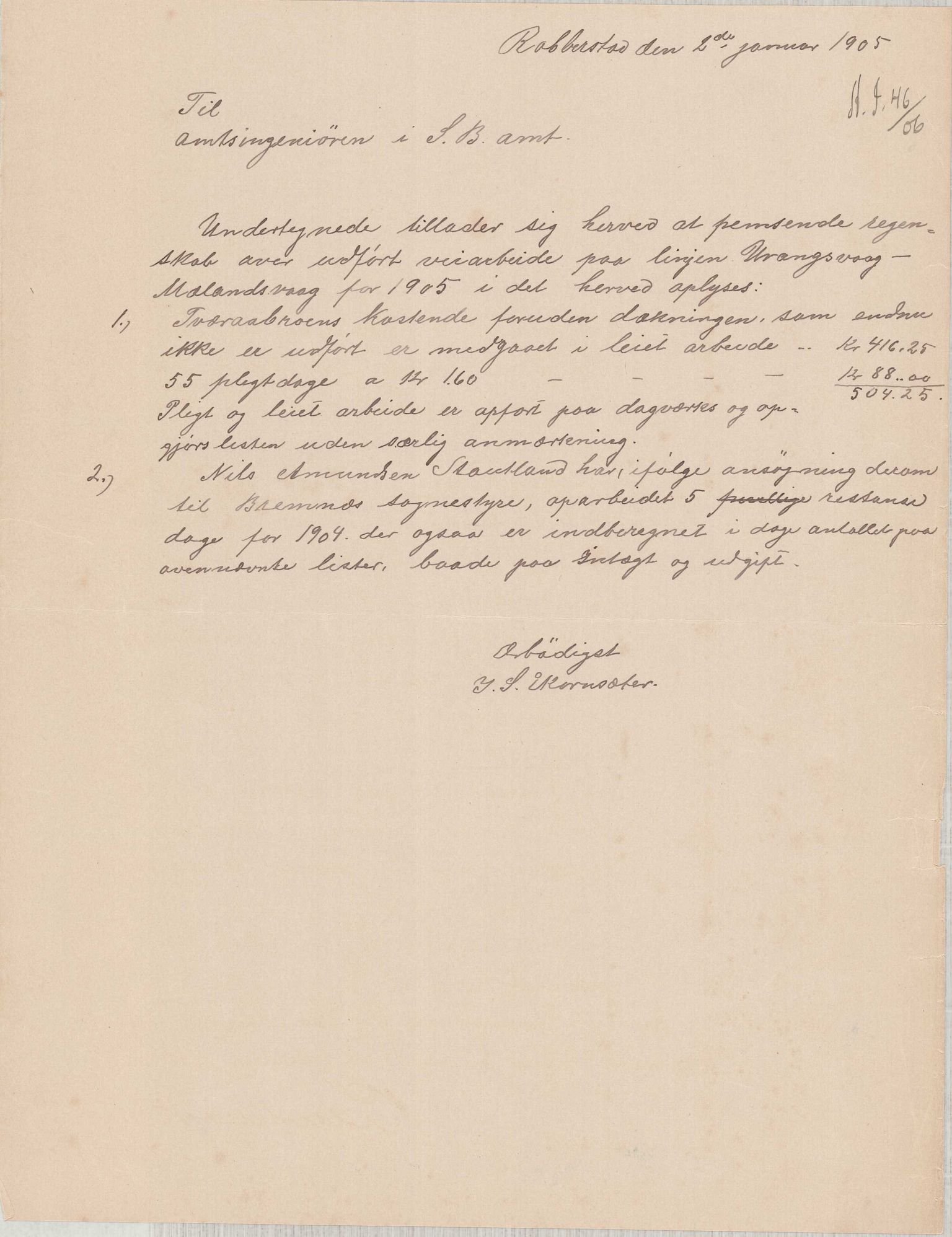 Finnaas kommune. Formannskapet, IKAH/1218a-021/E/Ea/L0002/0003: Rekneskap for veganlegg / Rekneskap for veganlegget Urangsvåg - Mælandsvåg, 1904-1905, s. 54