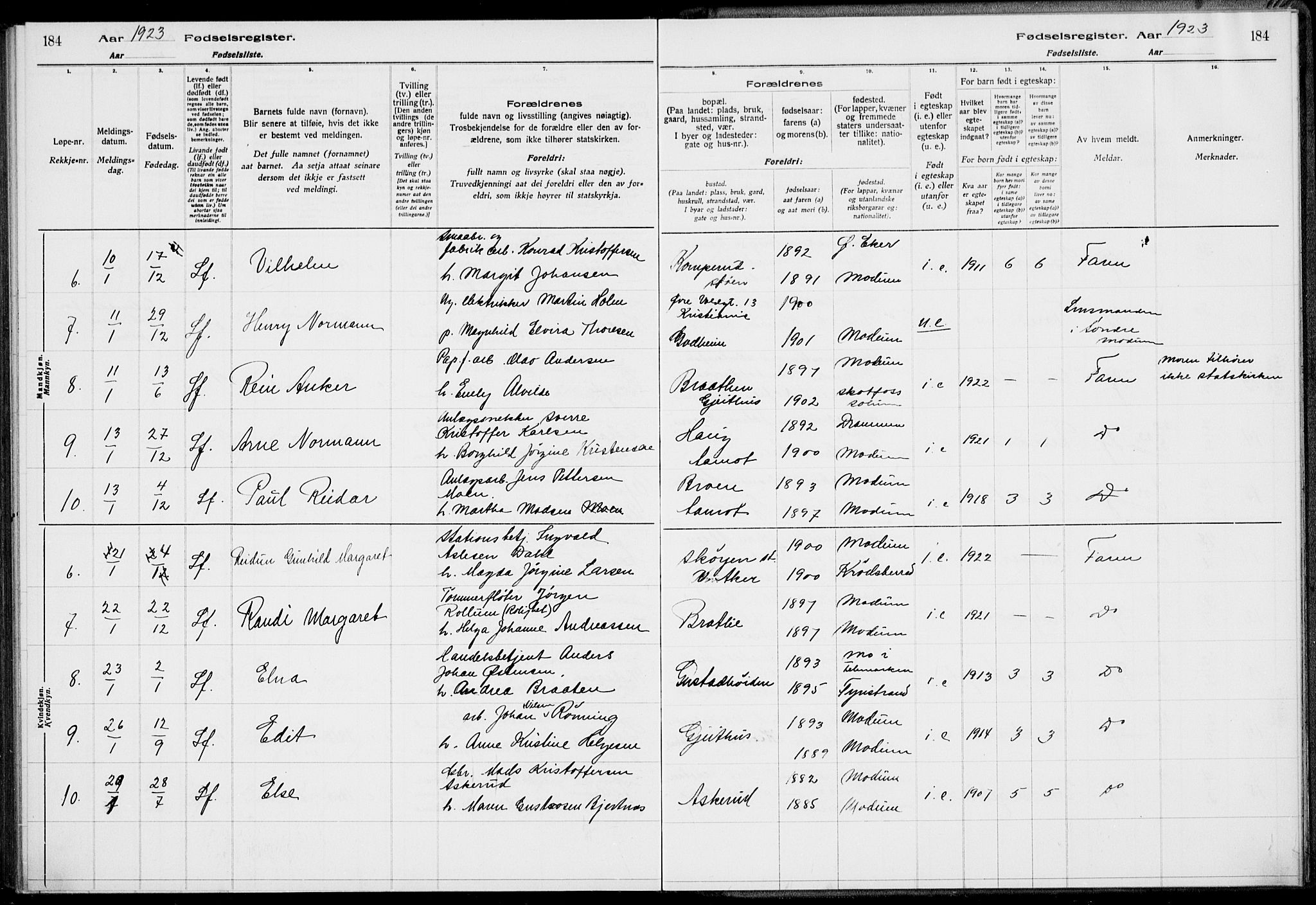 Modum kirkebøker, AV/SAKO-A-234/J/Ja/L0001: Fødselsregister nr. I 1, 1916-1923, s. 184