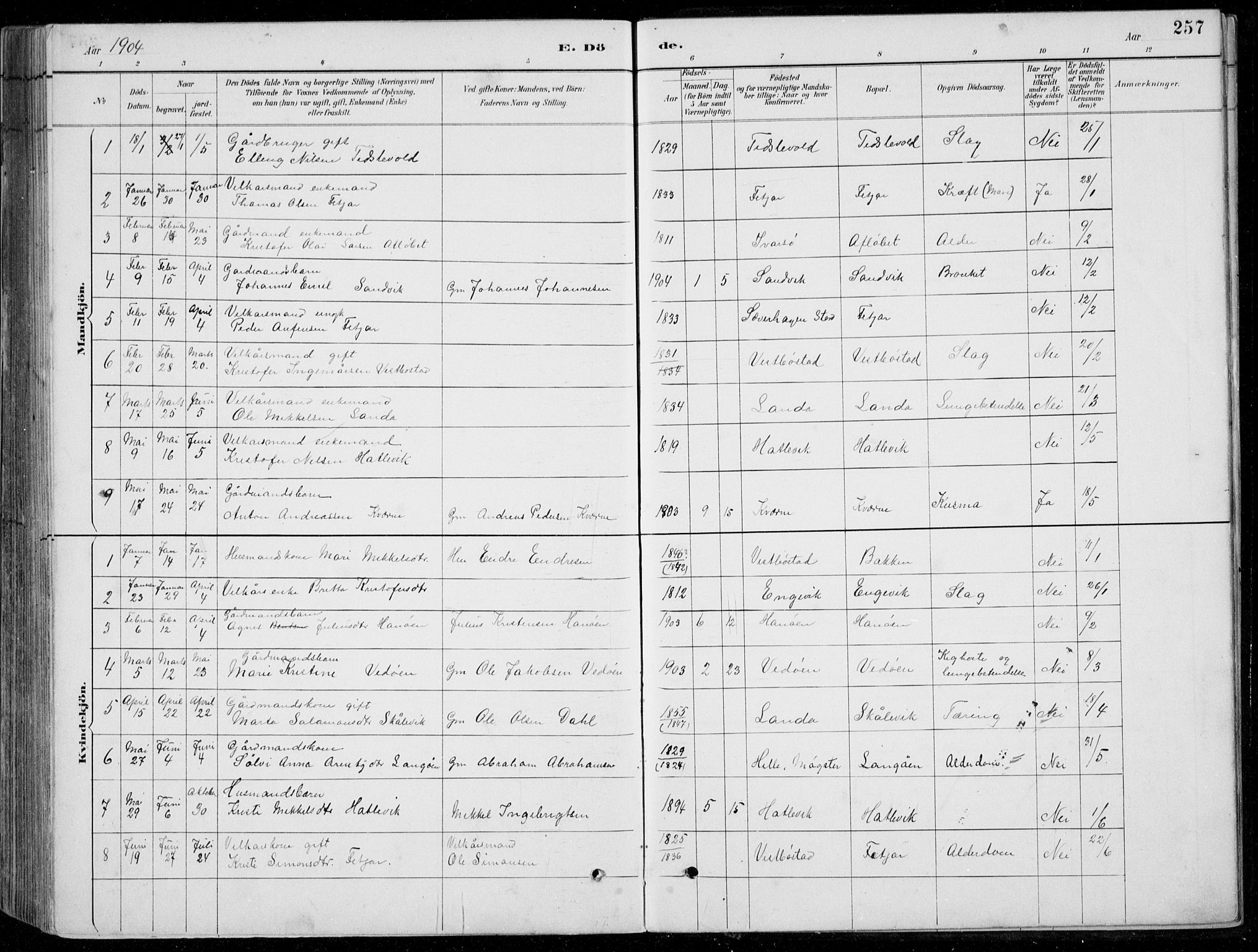 Fitjar sokneprestembete, AV/SAB-A-99926: Klokkerbok nr. A 2, 1887-1906, s. 257