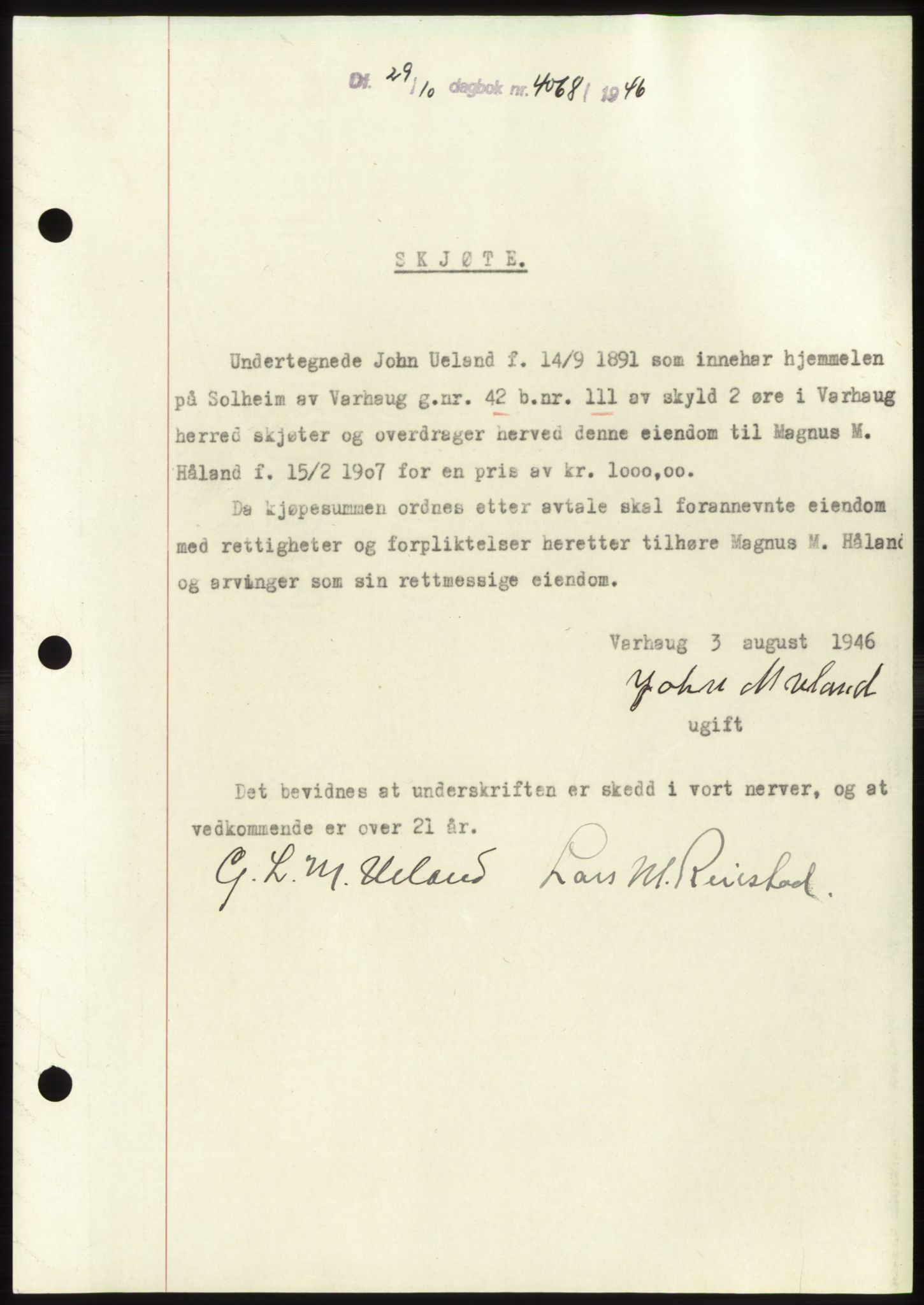 Jæren sorenskriveri, SAST/A-100310/03/G/Gba/L0092: Pantebok, 1946-1946, Dagboknr: 4068/1946
