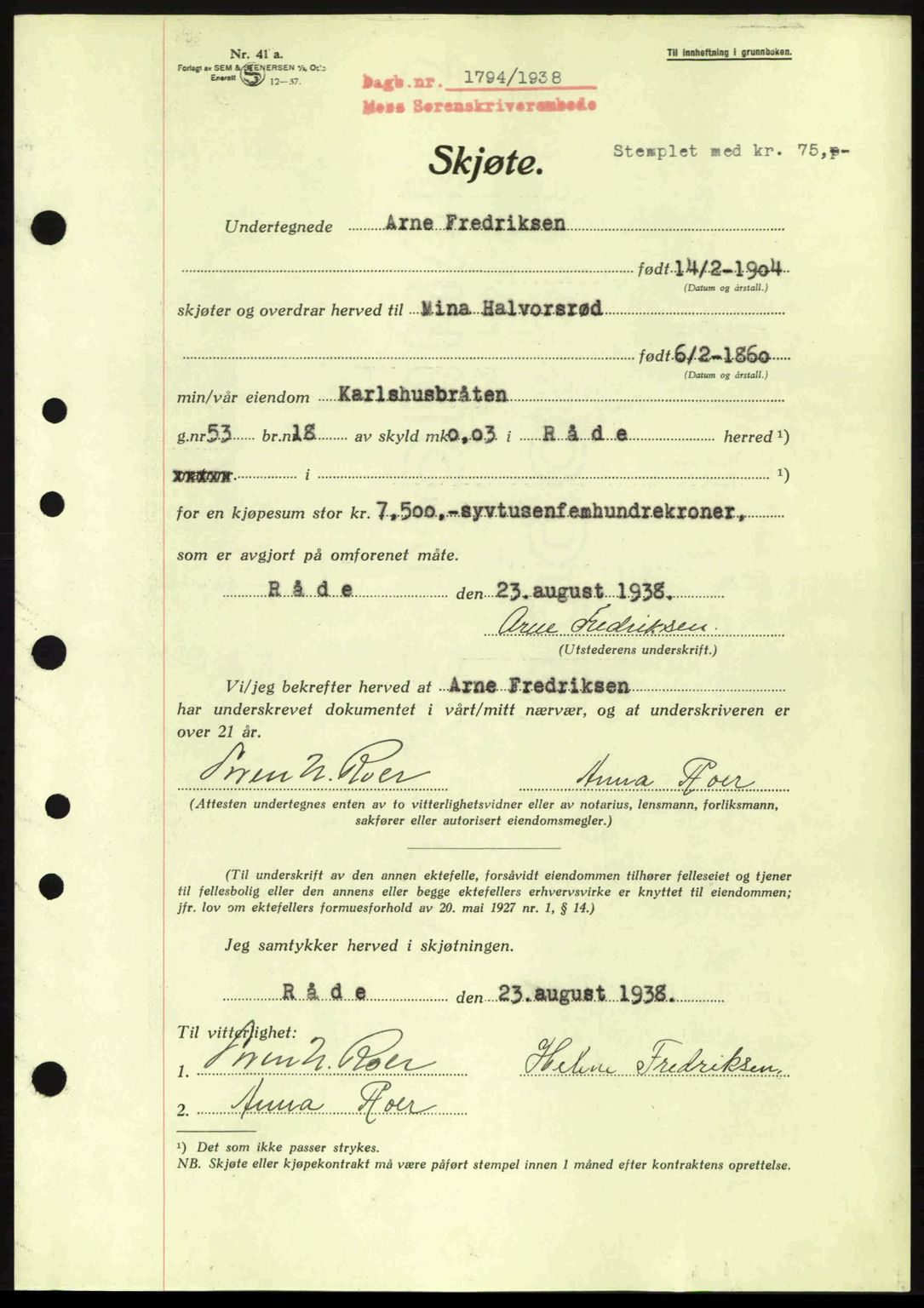 Moss sorenskriveri, SAO/A-10168: Pantebok nr. A4, 1938-1938, Dagboknr: 1794/1938