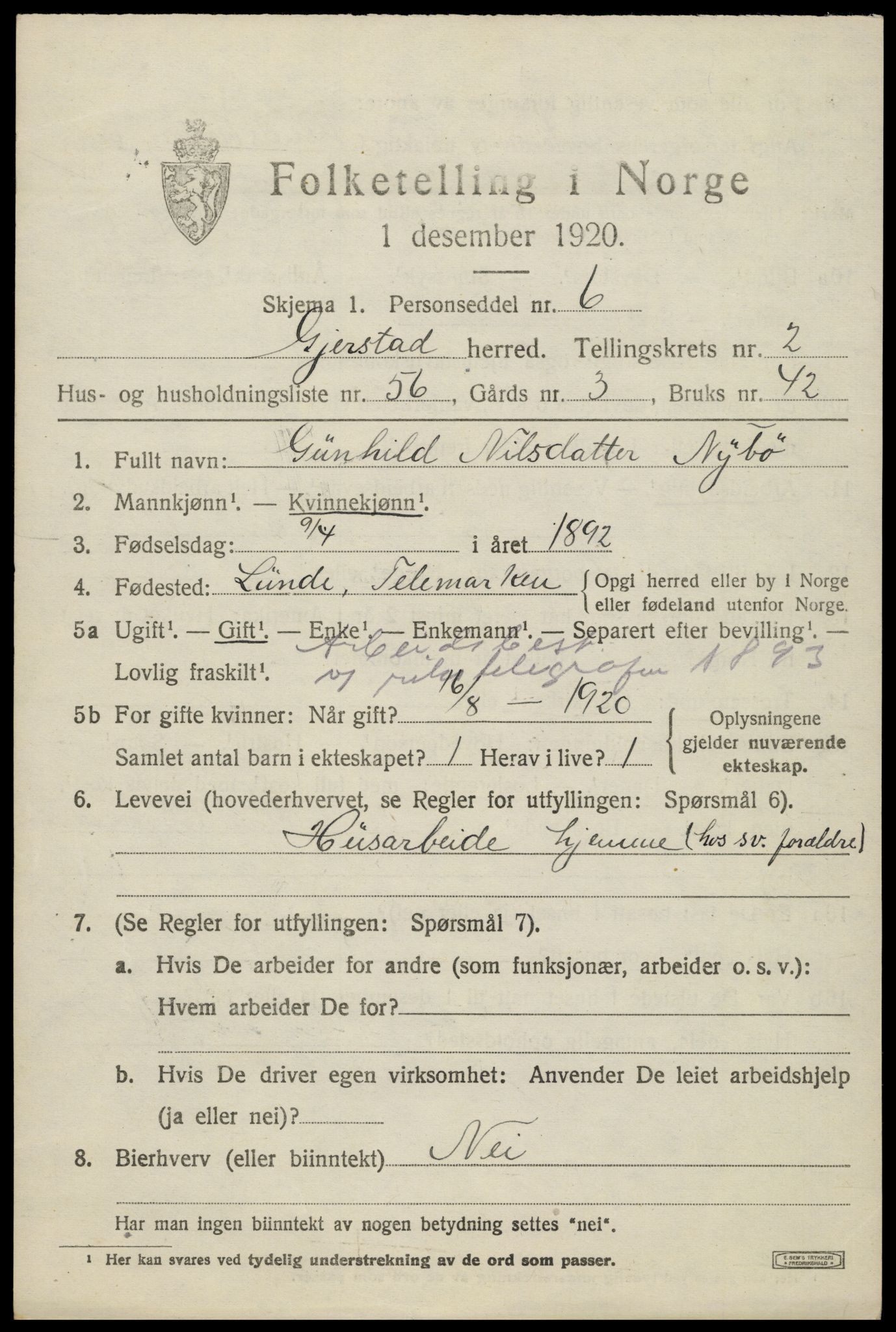 SAK, Folketelling 1920 for 0911 Gjerstad herred, 1920, s. 2037