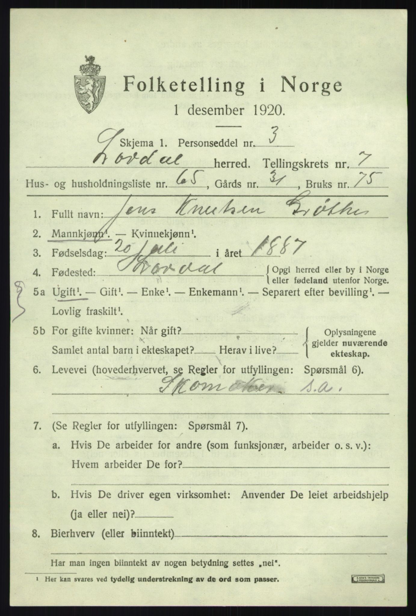 SAB, Folketelling 1920 for 1422 Lærdal herred, 1920, s. 3782