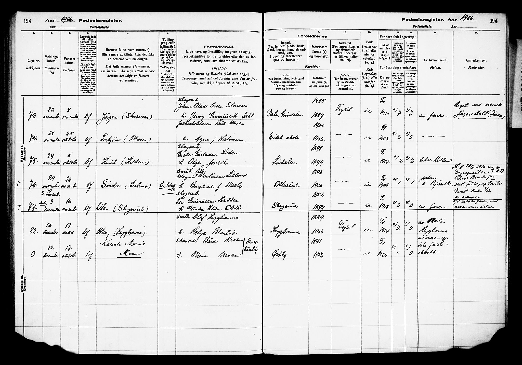 Trysil prestekontor, AV/SAH-PREST-046/I/Id/Ida/L0001: Fødselsregister nr. I 1, 1916-1927, s. 194