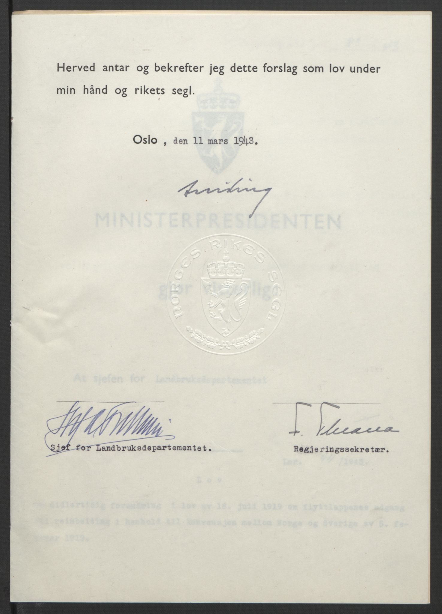 NS-administrasjonen 1940-1945 (Statsrådsekretariatet, de kommisariske statsråder mm), AV/RA-S-4279/D/Db/L0099: Lover, 1943, s. 195