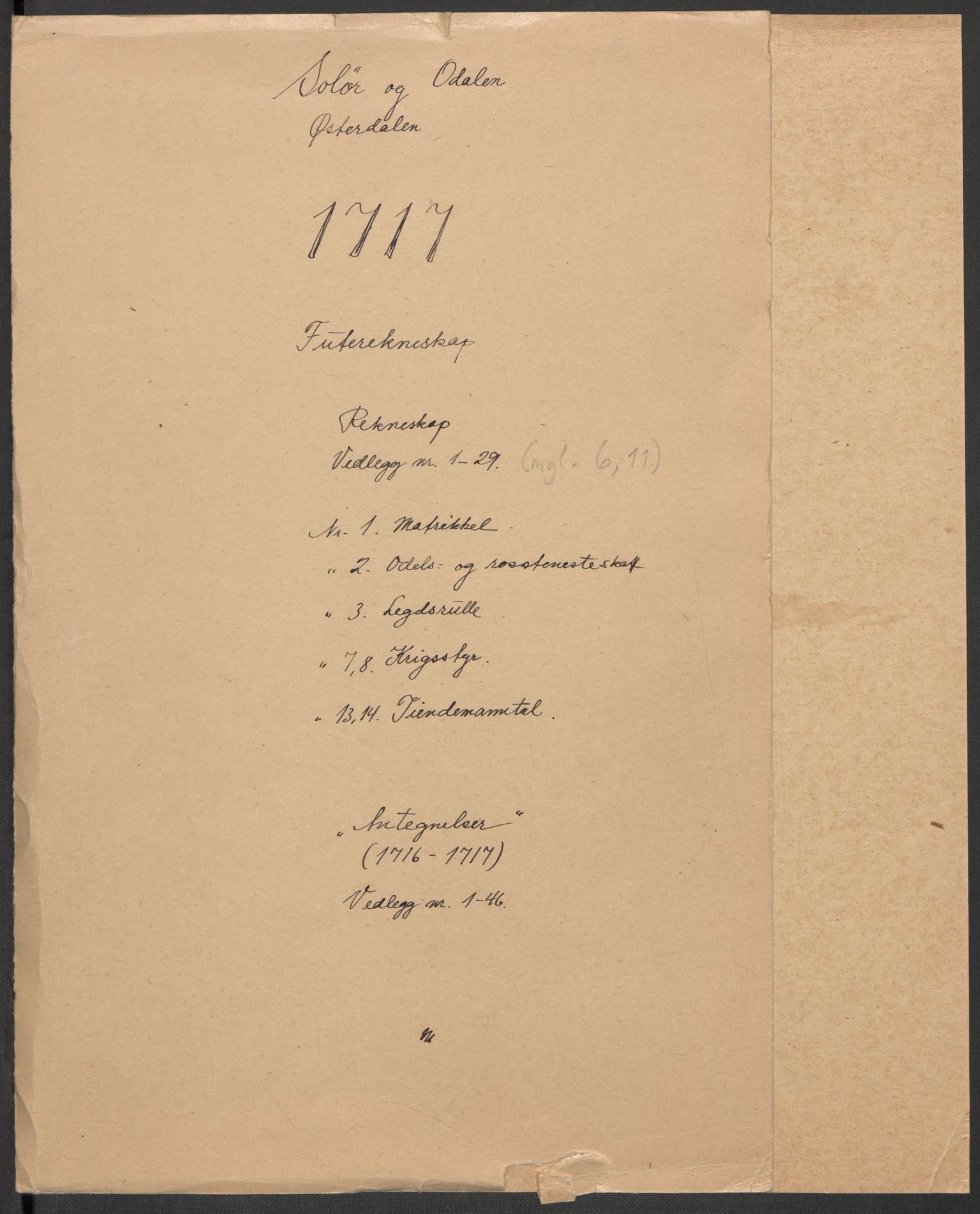 Rentekammeret inntil 1814, Reviderte regnskaper, Fogderegnskap, RA/EA-4092/R13/L0856: Fogderegnskap Solør, Odal og Østerdal, 1717, s. 2