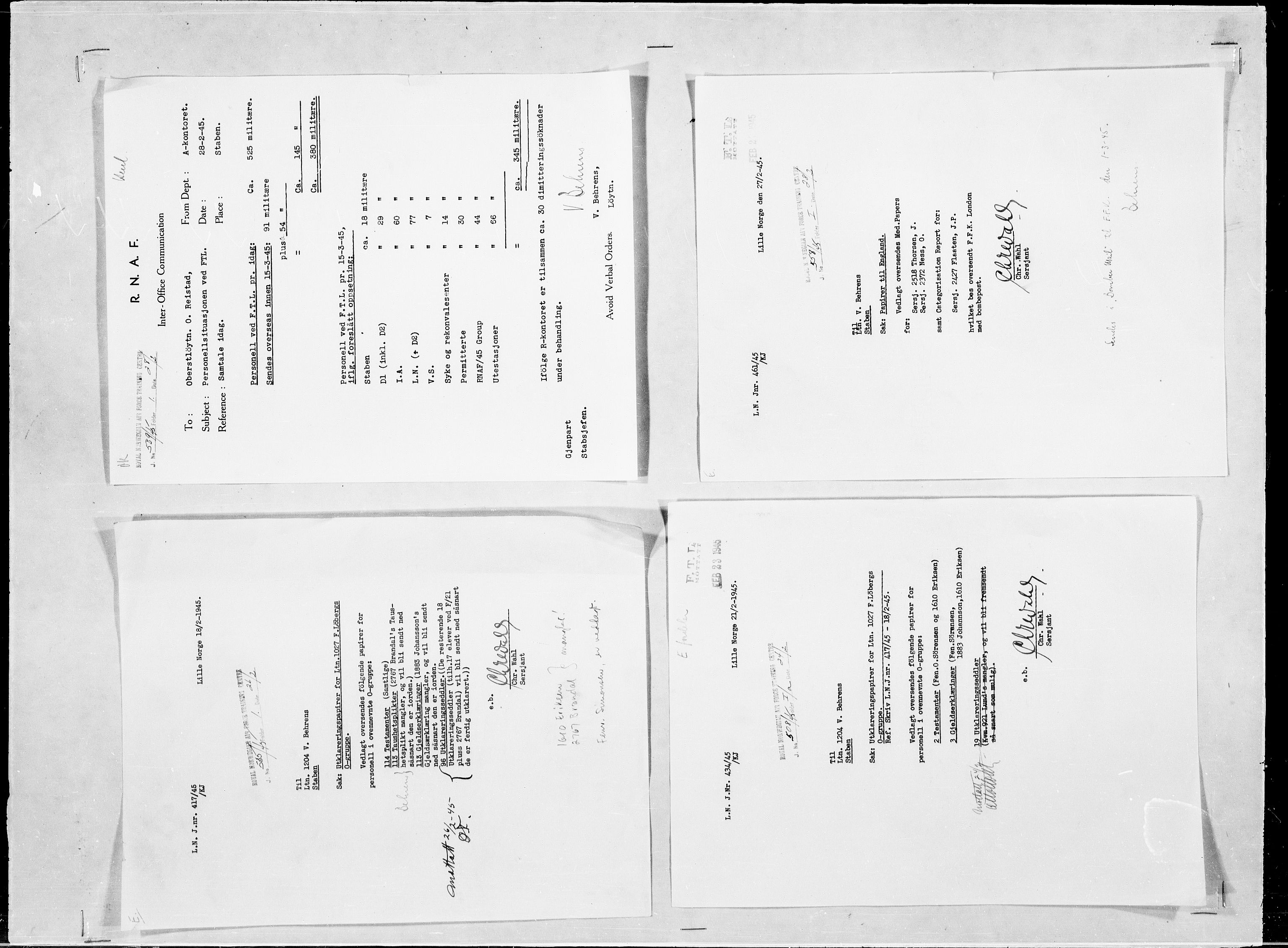 Forsvaret, Flyvåpnenes treningsleir 1940-1945, AV/RA-RAFA-3974/V/L0032: Ekspedisjonskontoret.
1. Administrasjon/2. Bekledning/3. Utrustning. Utstyr/4. Ekspedisjon., 1940-1945