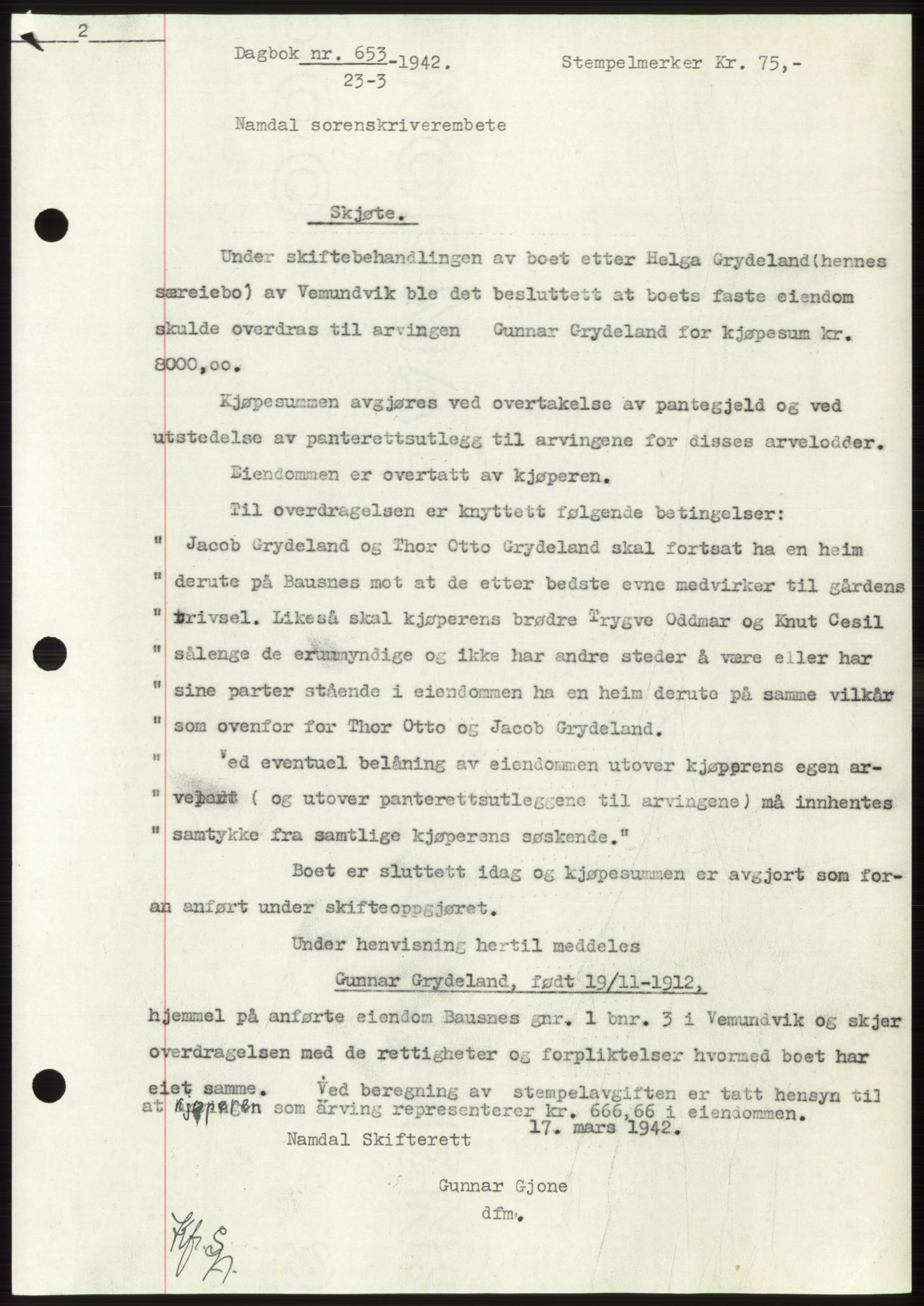 Namdal sorenskriveri, SAT/A-4133/1/2/2C: Pantebok nr. -, 1941-1942, Dagboknr: 653/1942