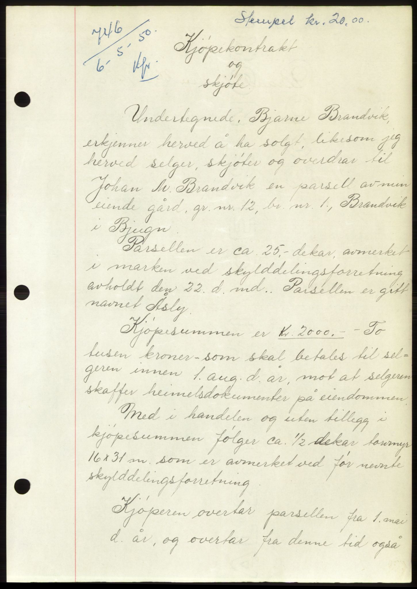 Fosen sorenskriveri, AV/SAT-A-1107/1/2/2C: Pantebok nr. A11, 1950-1950, Dagboknr: 746/1950