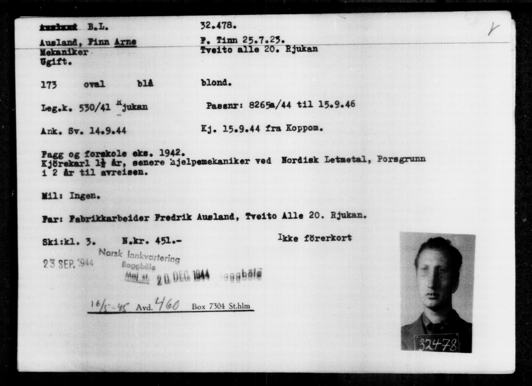 Utenriksstasjonene, Legasjonen i Stockholm, Flyktningkontoret, AV/RA-S-6753/V/Va/L0013: Kjesäterkartoteket, flyktninger med registreringsnr. 31500-34731, 1940-1945, s. 1033