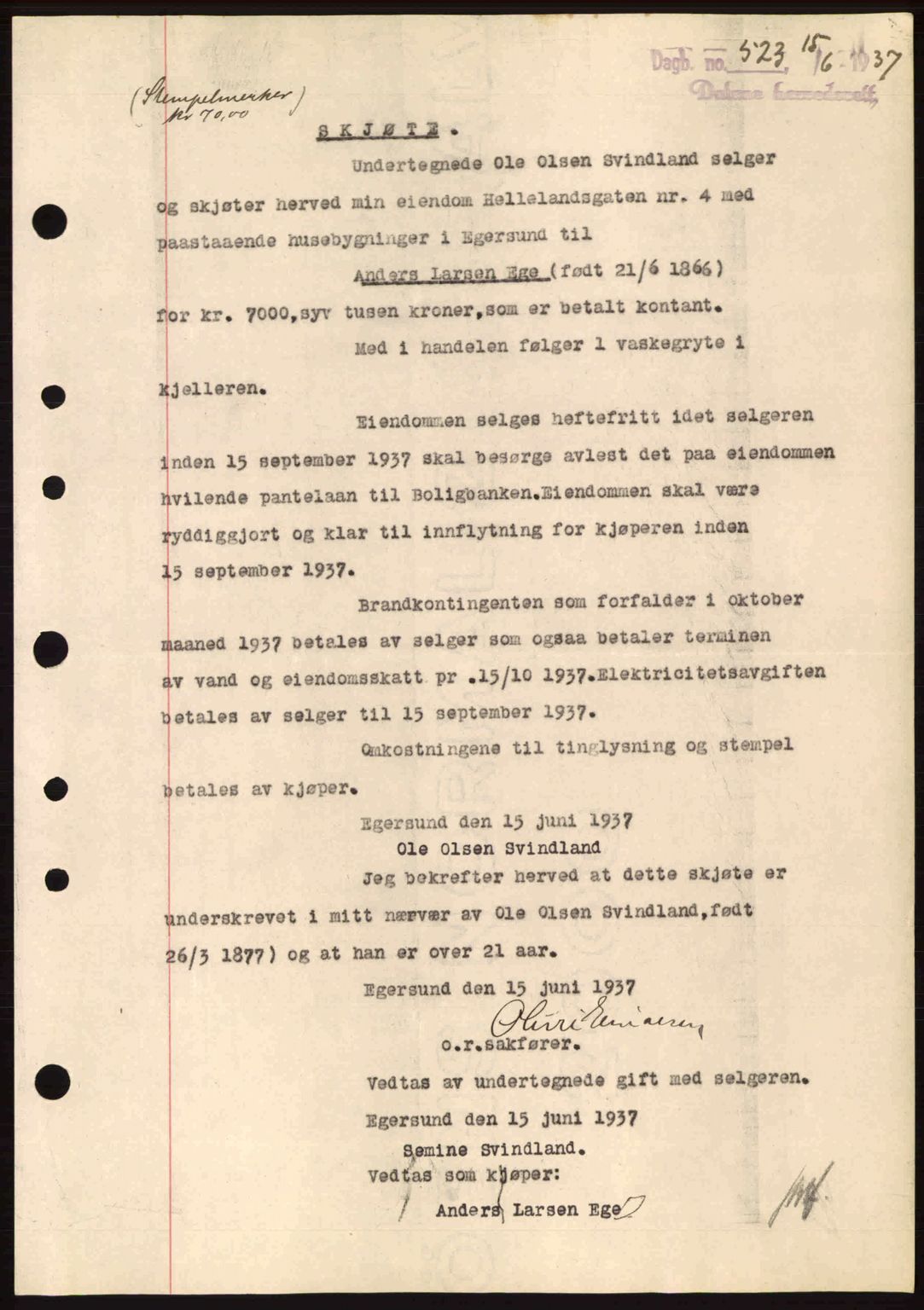 Dalane sorenskriveri, SAST/A-100309/02/G/Gb/L0041: Pantebok nr. A2, 1936-1937, Dagboknr: 523/1937
