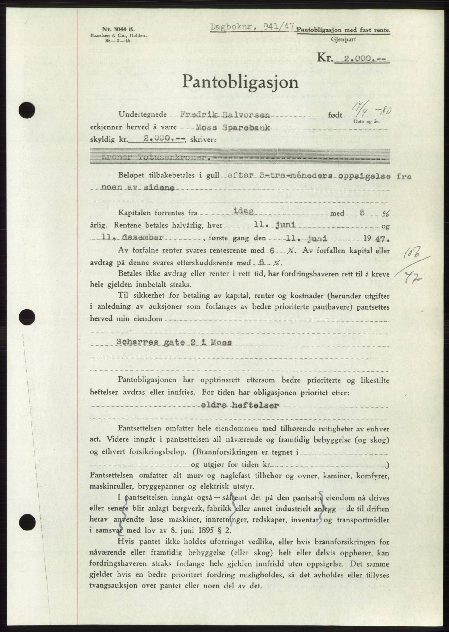 Moss sorenskriveri, SAO/A-10168: Pantebok nr. B17, 1947-1947, Dagboknr: 941/1947