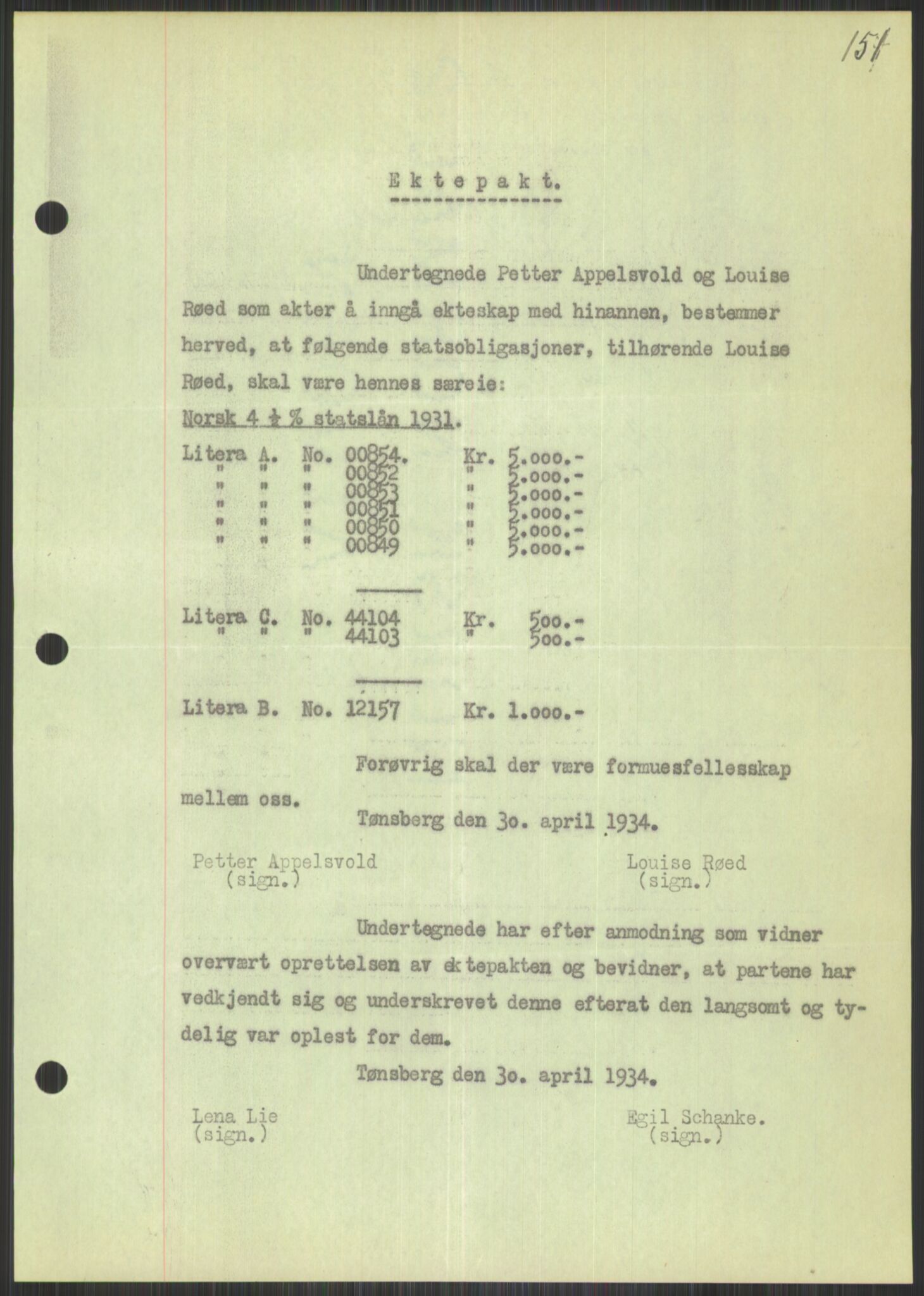 Oslo byskriverembete, AV/SAO-A-10227/2/G/Gb/L0042: Tinglyste ektepakter, Vestfold, bind 2-3, 1934-1942