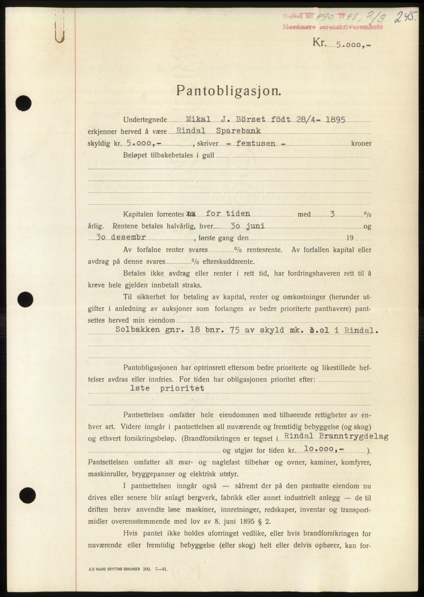 Nordmøre sorenskriveri, SAT/A-4132/1/2/2Ca: Pantebok nr. B98, 1948-1948, Dagboknr: 490/1948