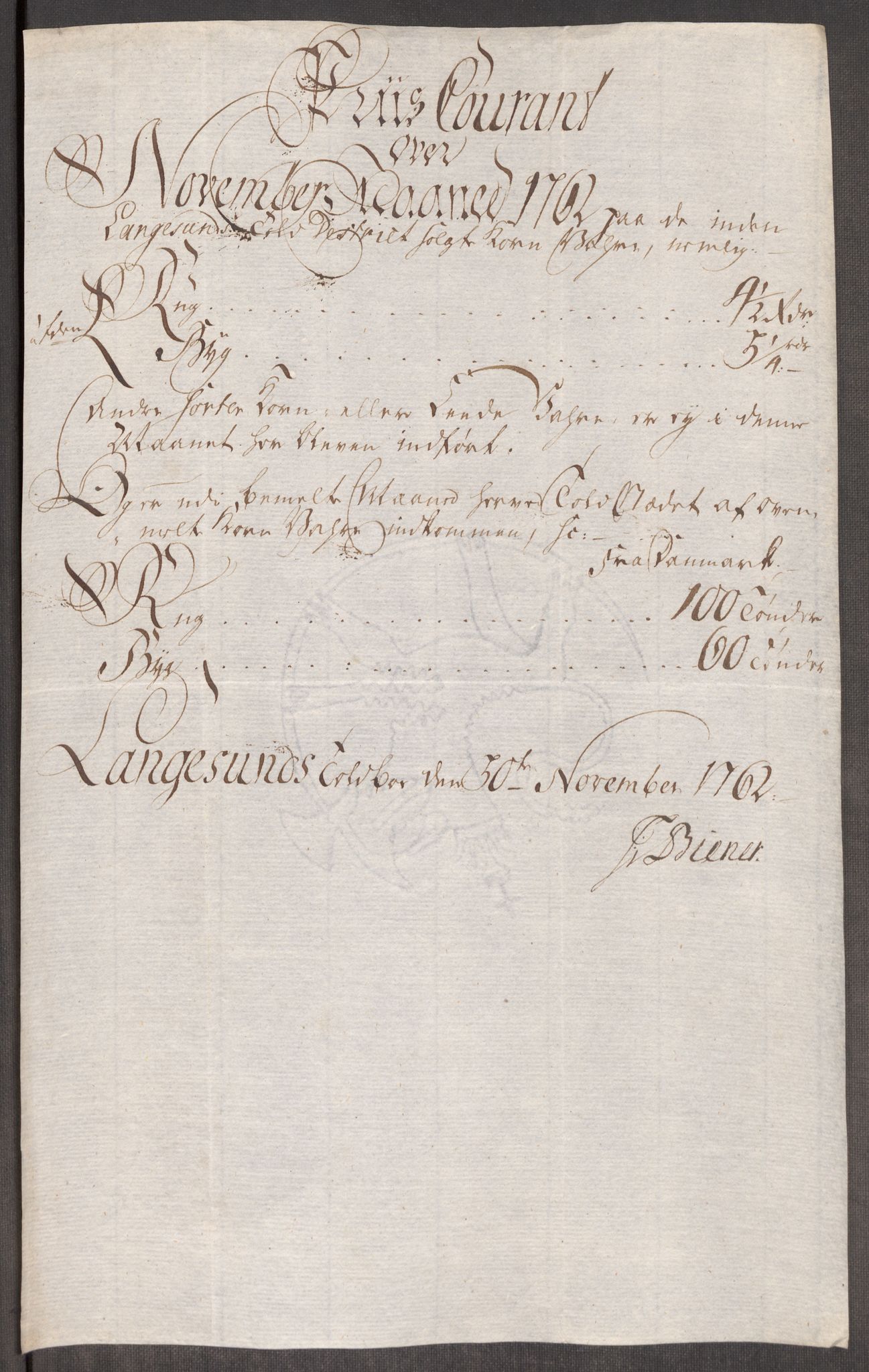 Rentekammeret inntil 1814, Realistisk ordnet avdeling, AV/RA-EA-4070/Oe/L0007: [Ø1]: Priskuranter, 1761-1763, s. 448