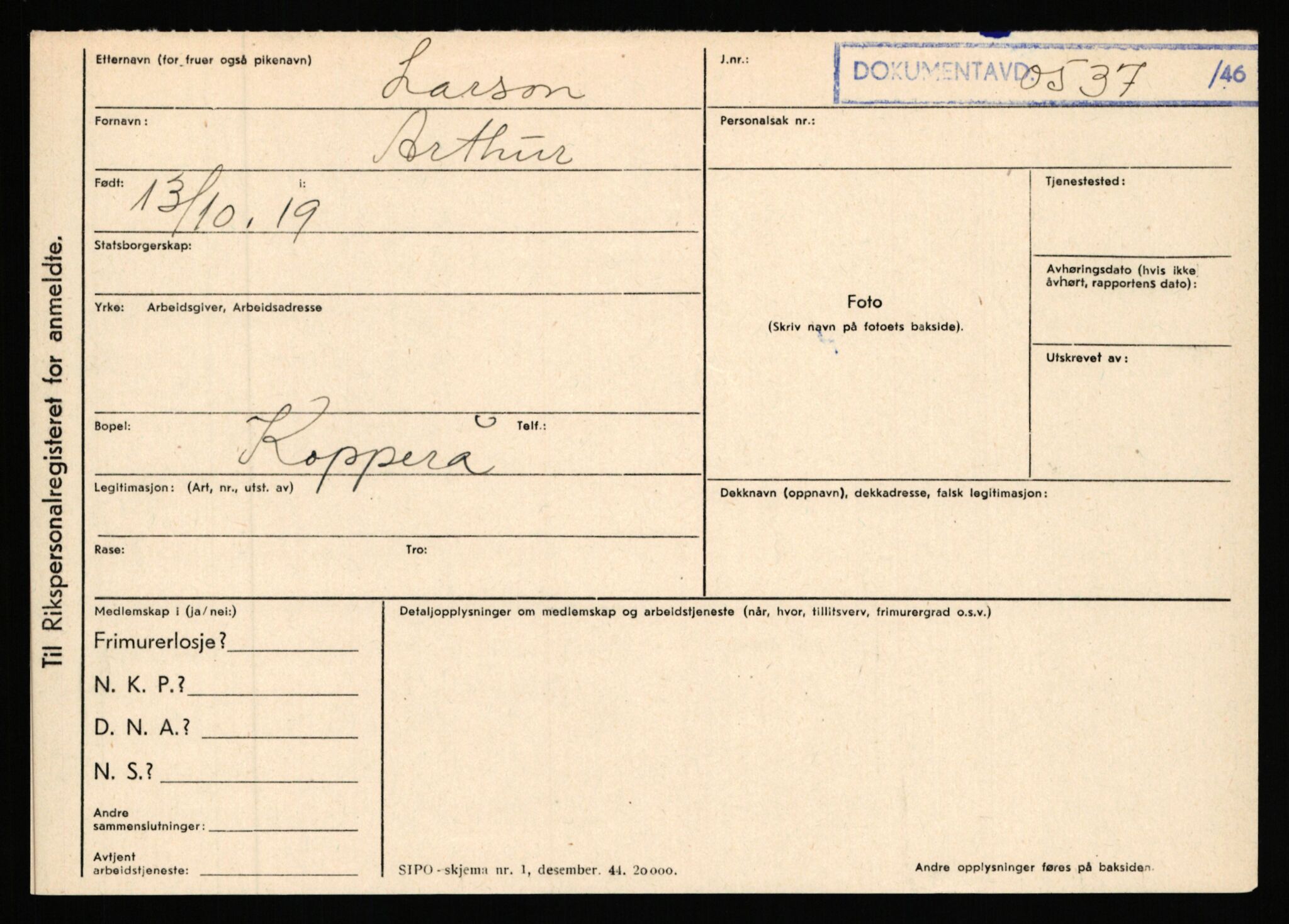 Statspolitiet - Hovedkontoret / Osloavdelingen, AV/RA-S-1329/C/Ca/L0009: Knutsen - Limstrand, 1943-1945, s. 3957