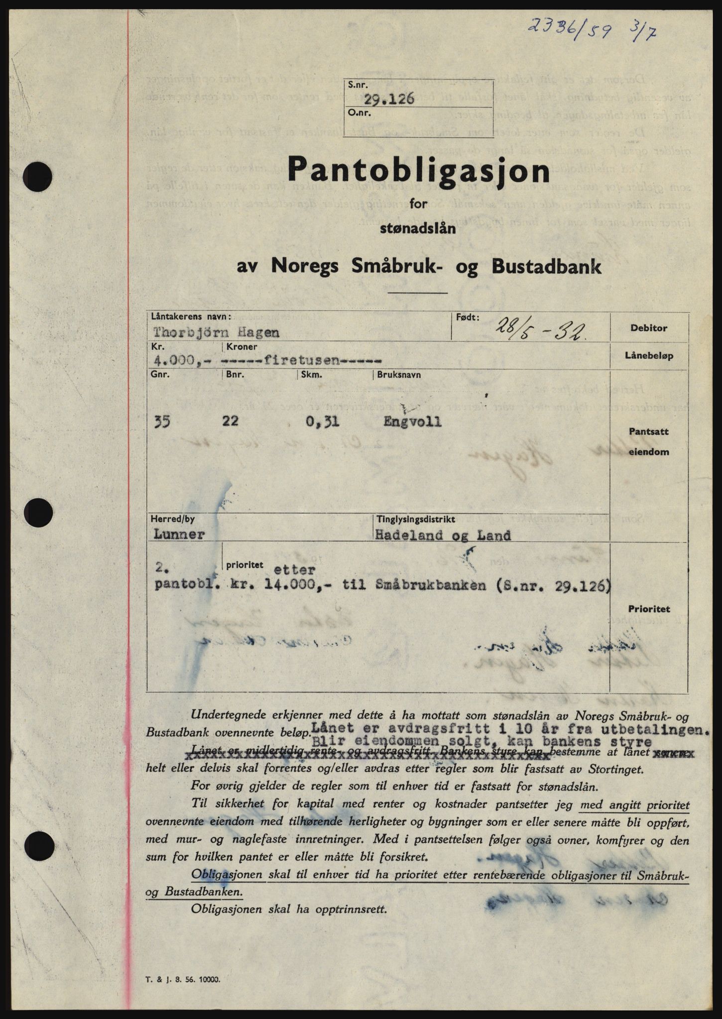 Hadeland og Land tingrett, SAH/TING-010/H/Hb/Hbc/L0040: Pantebok nr. B40, 1959-1959, Dagboknr: 2336/1959