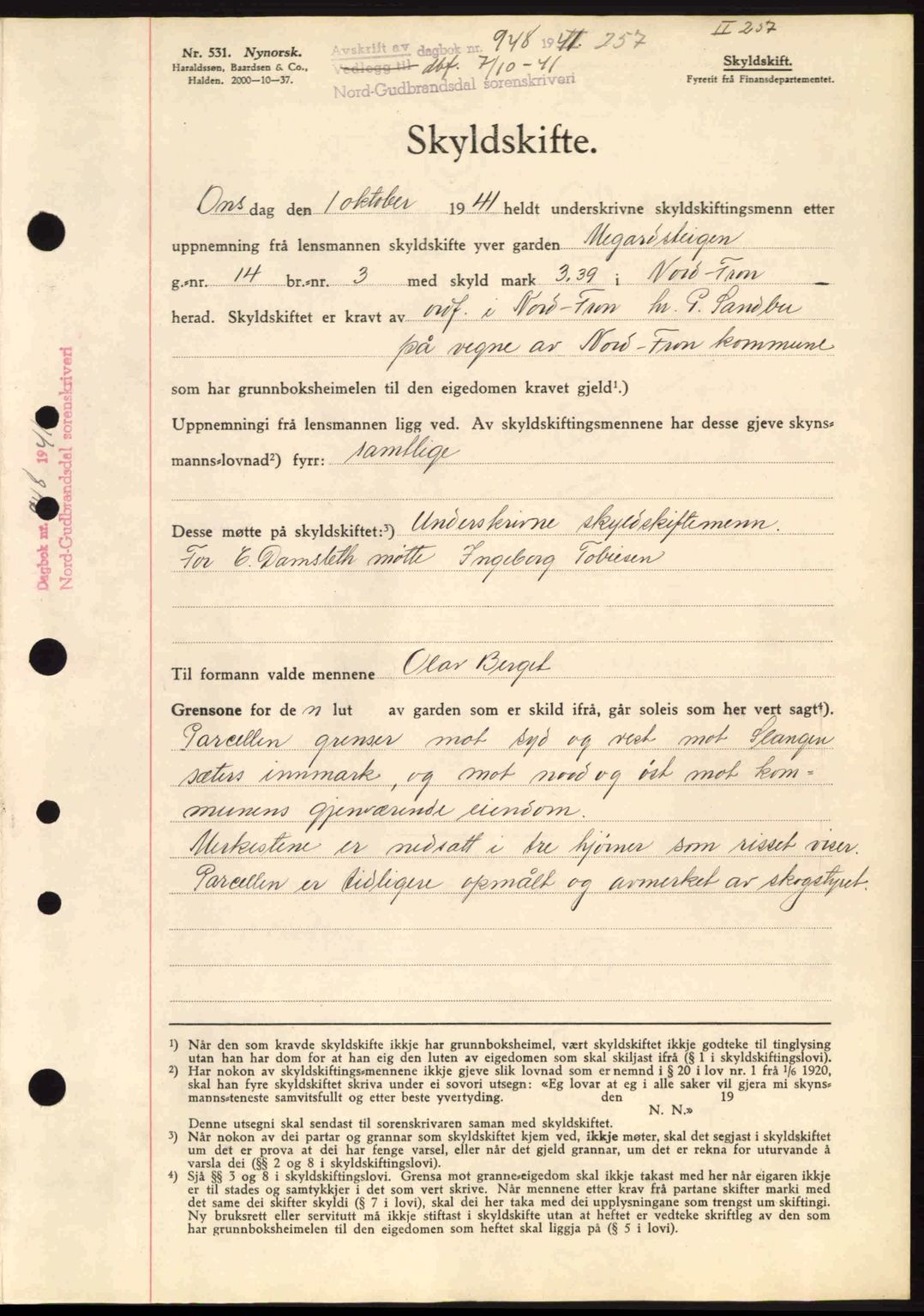 Nord-Gudbrandsdal tingrett, SAH/TING-002/H/Hb/Hbb/L0007: Pantebok nr. FA7, 1941-1941, Dagboknr: 948/1941