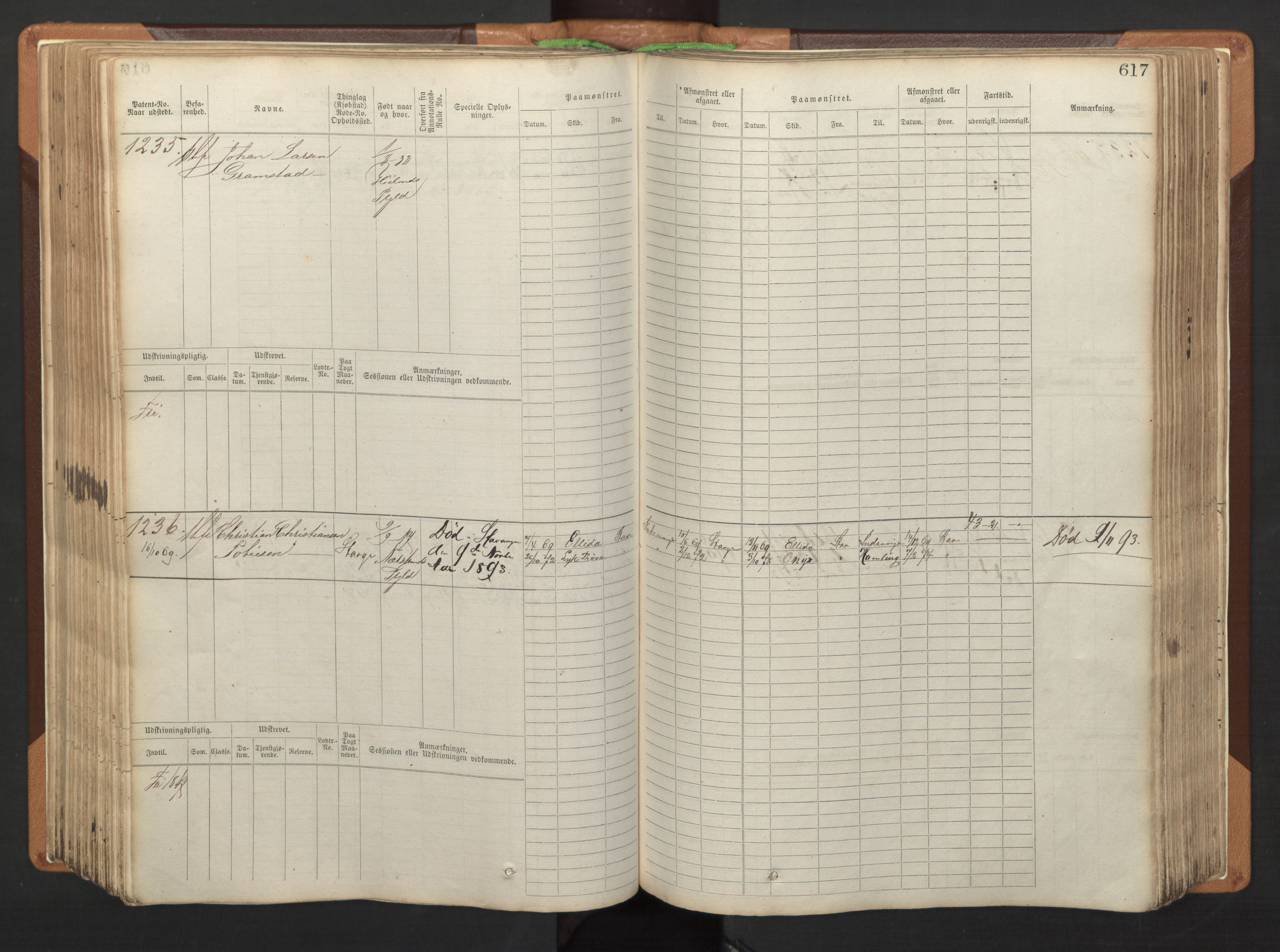 Stavanger sjømannskontor, AV/SAST-A-102006/F/Fb/Fbb/L0005: Sjøfartshovedrulle, patentnr. 793-1606 (del 2), 1869-1880, s. 227