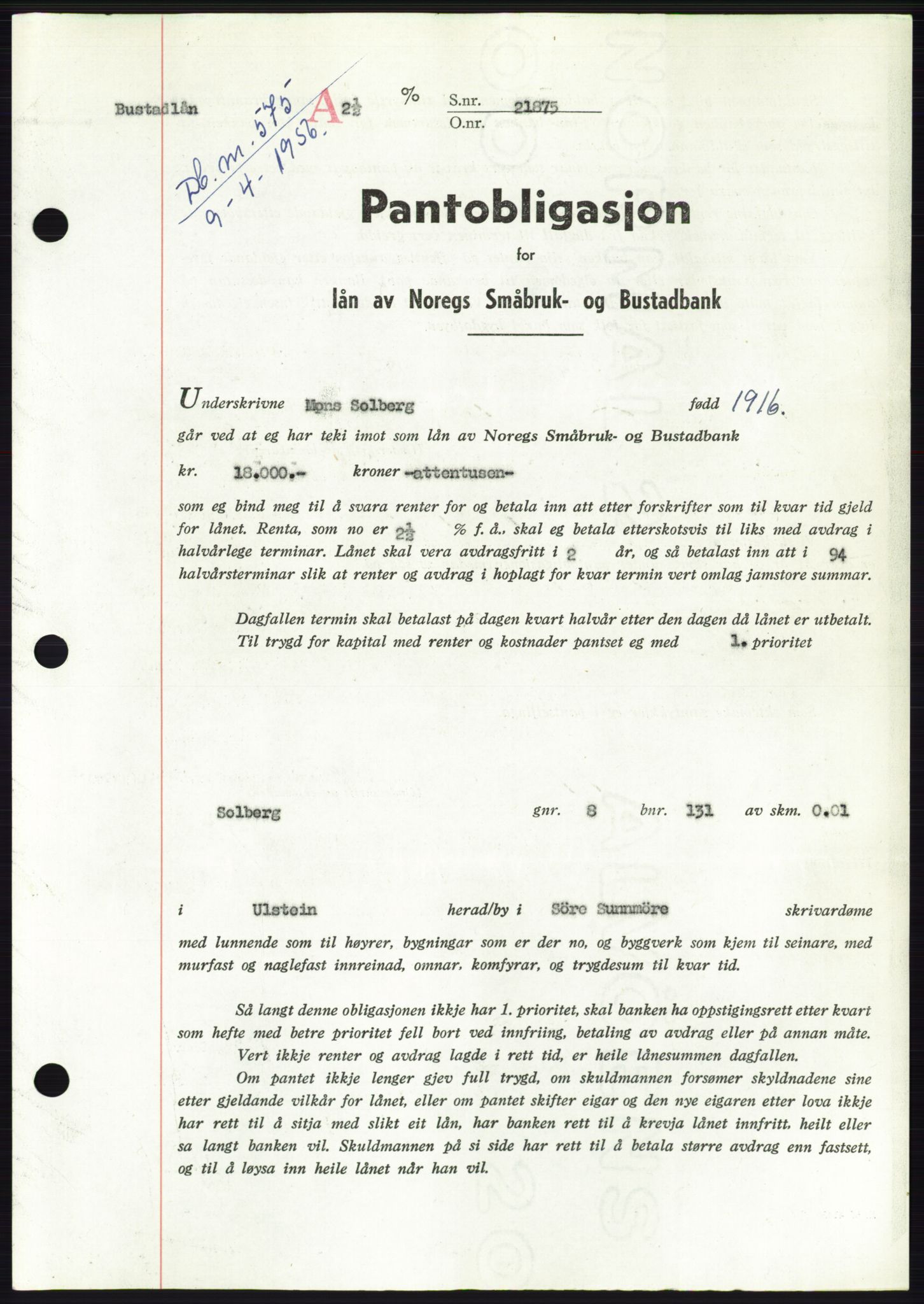 Søre Sunnmøre sorenskriveri, SAT/A-4122/1/2/2C/L0128: Pantebok nr. 16B, 1956-1956, Dagboknr: 575/1956