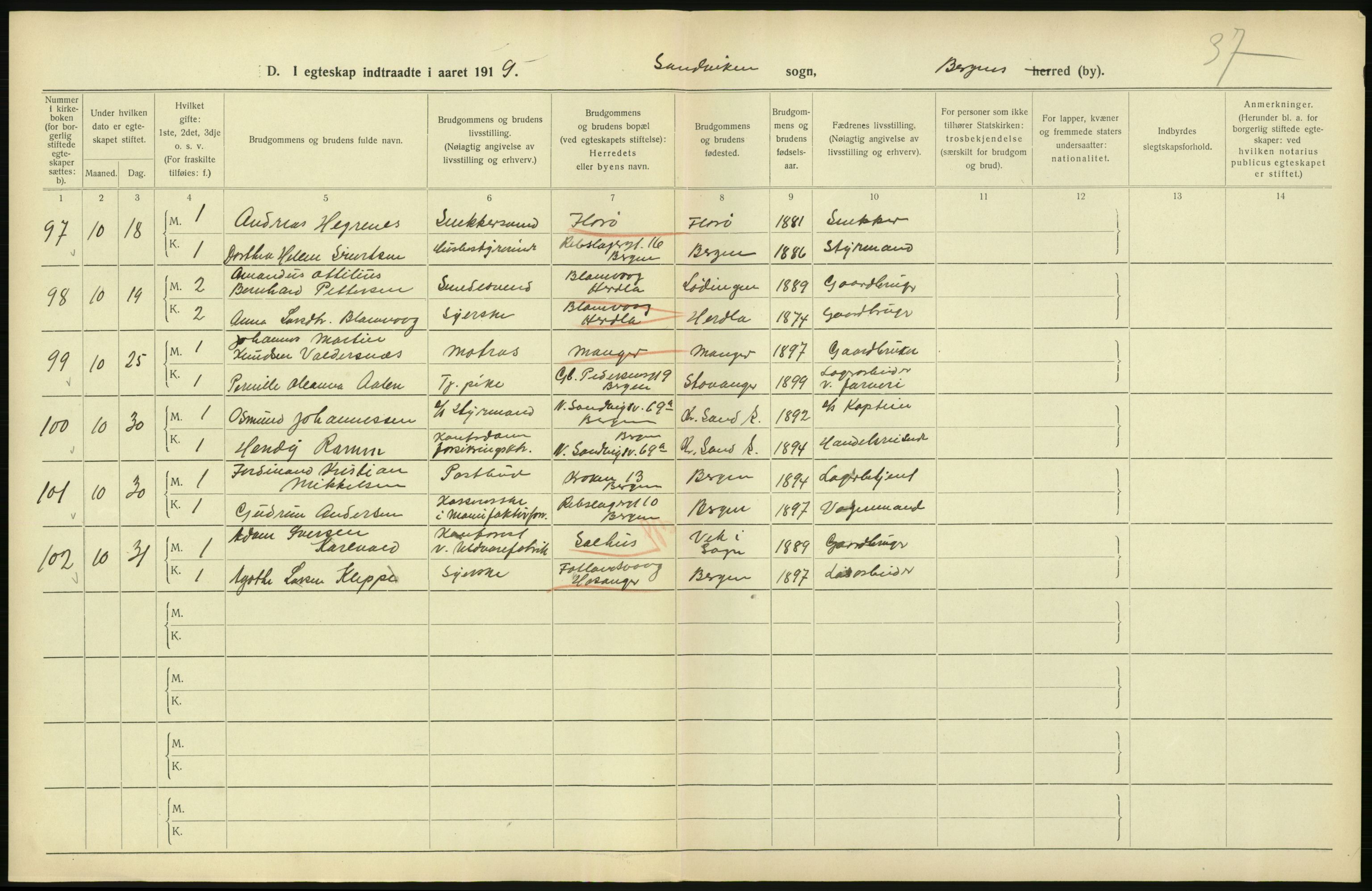 Statistisk sentralbyrå, Sosiodemografiske emner, Befolkning, AV/RA-S-2228/D/Df/Dfb/Dfbi/L0035: Bergen: Gifte, døde, dødfødte., 1919, s. 58