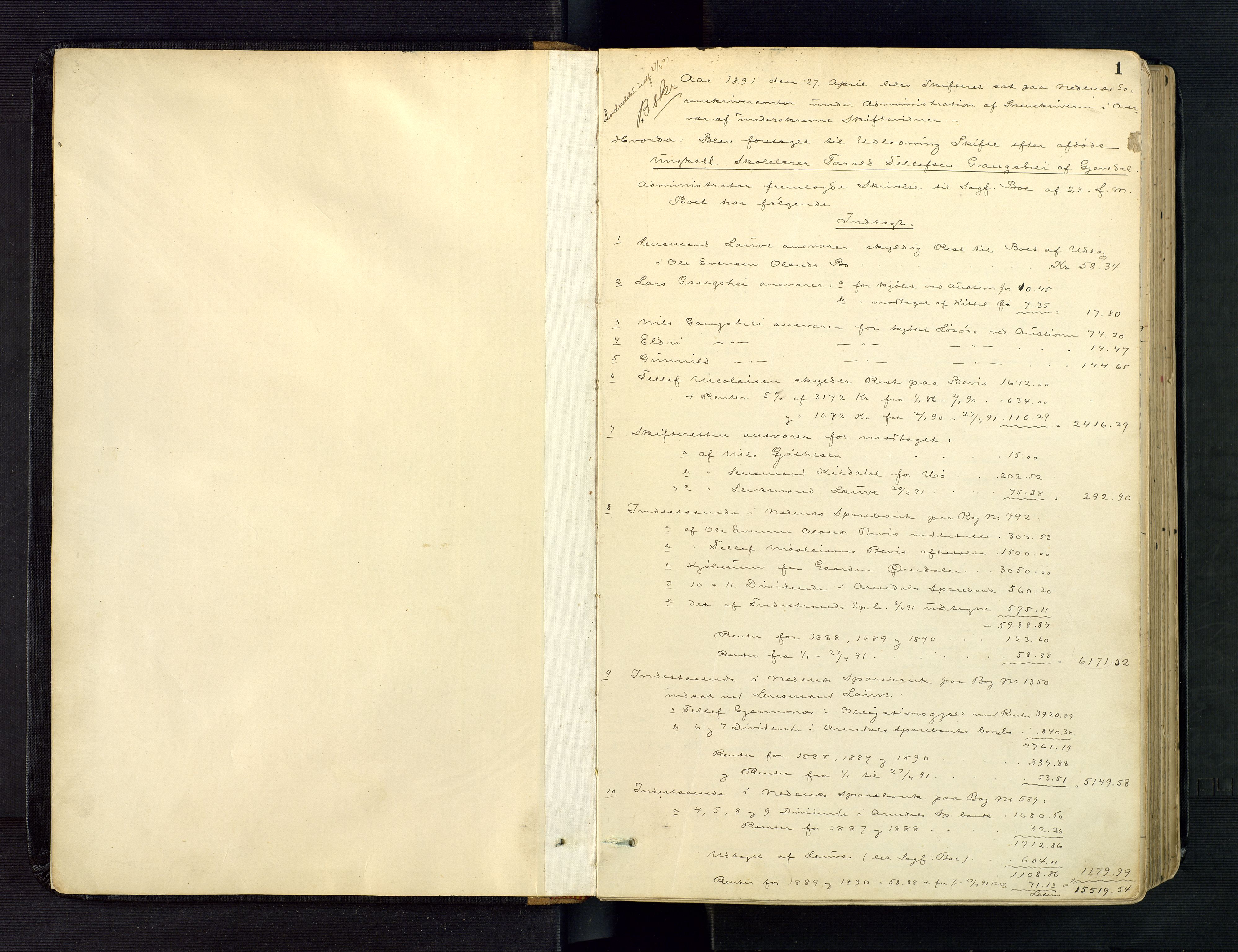 Nedenes sorenskriveri, SAK/1221-0006/H/Hc/L0018: Skifteutlodningsprotokoll nr 4 med register, 1891-1897, s. 1