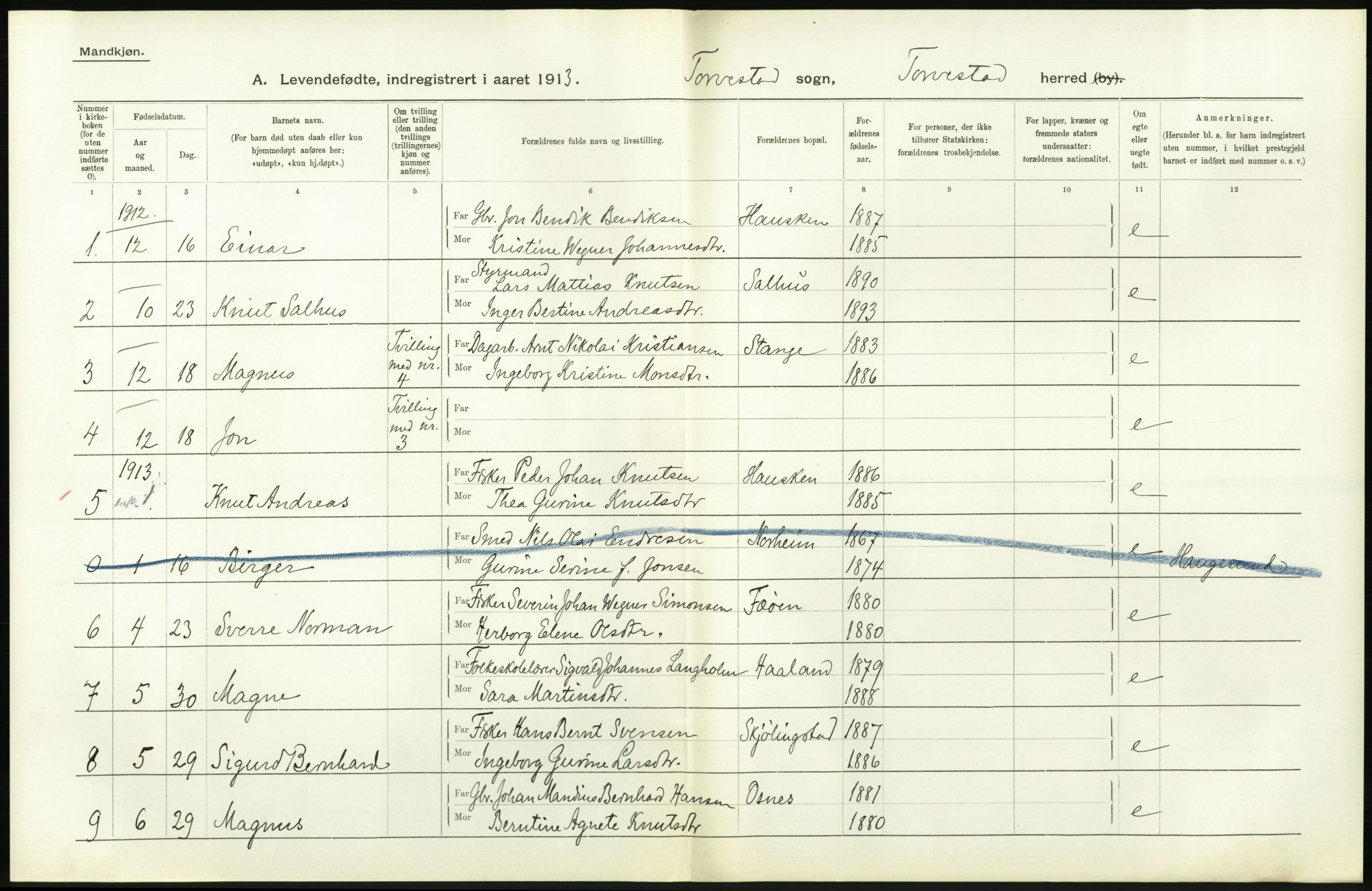 Statistisk sentralbyrå, Sosiodemografiske emner, Befolkning, AV/RA-S-2228/D/Df/Dfb/Dfbc/L0025: Stavanger amt: Levendefødte menn og kvinner. Bygder., 1913, s. 108