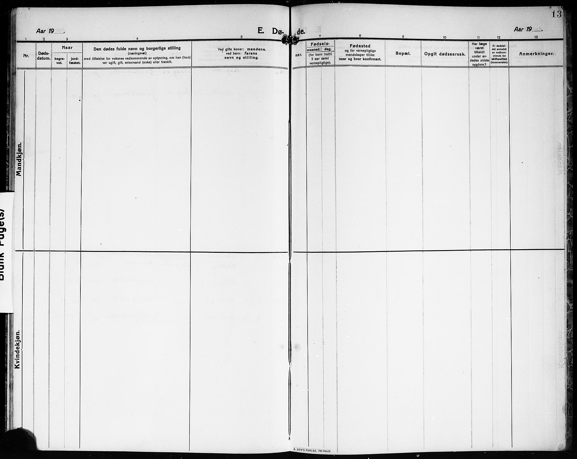 Borre kirkebøker, SAKO/A-338/G/Gc/L0002: Klokkerbok nr. III 2, 1911-1920, s. 13