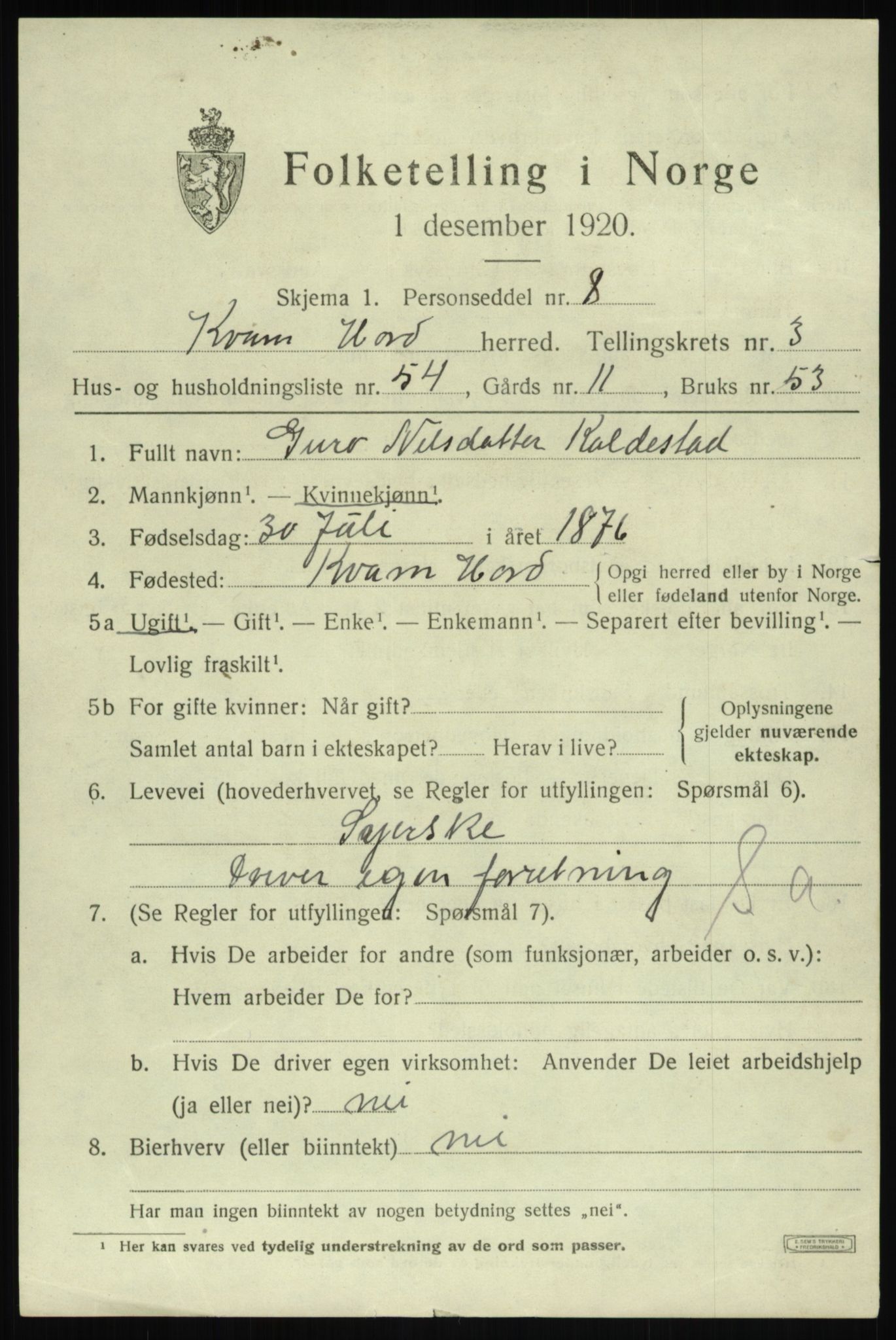 SAB, Folketelling 1920 for 1238 Kvam herred, 1920, s. 3233