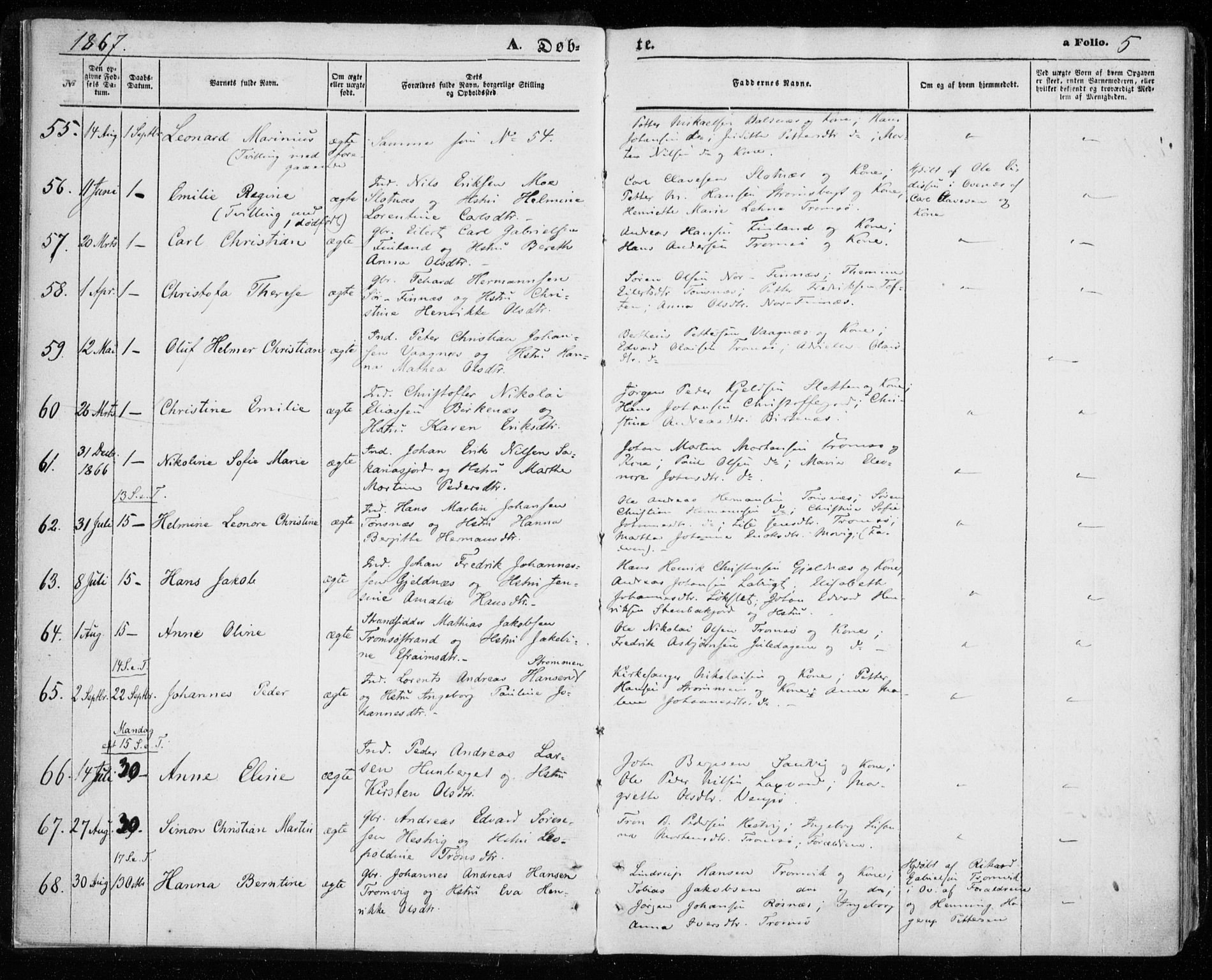 Tromsøysund sokneprestkontor, AV/SATØ-S-1304/G/Ga/L0002kirke: Ministerialbok nr. 2, 1867-1875, s. 5