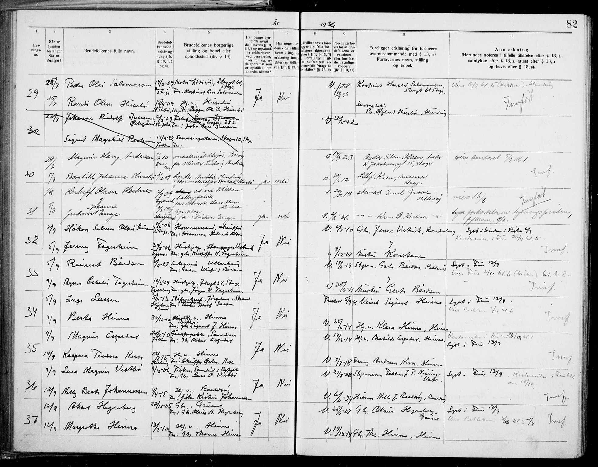 Hetland sokneprestkontor, AV/SAST-A-101826/70/705BA/L0006: Lysningsprotokoll nr. 705.BA.6, 1919-1939, s. 82