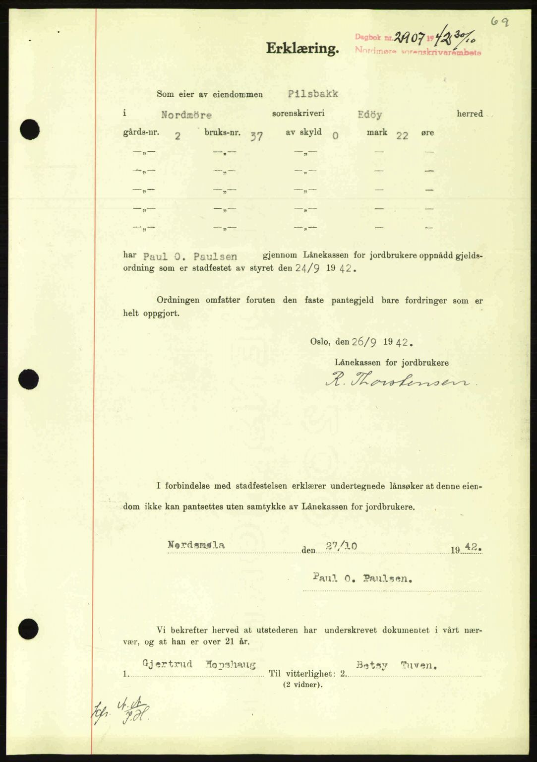 Nordmøre sorenskriveri, SAT/A-4132/1/2/2Ca: Pantebok nr. B90, 1942-1943, Dagboknr: 2907/1942