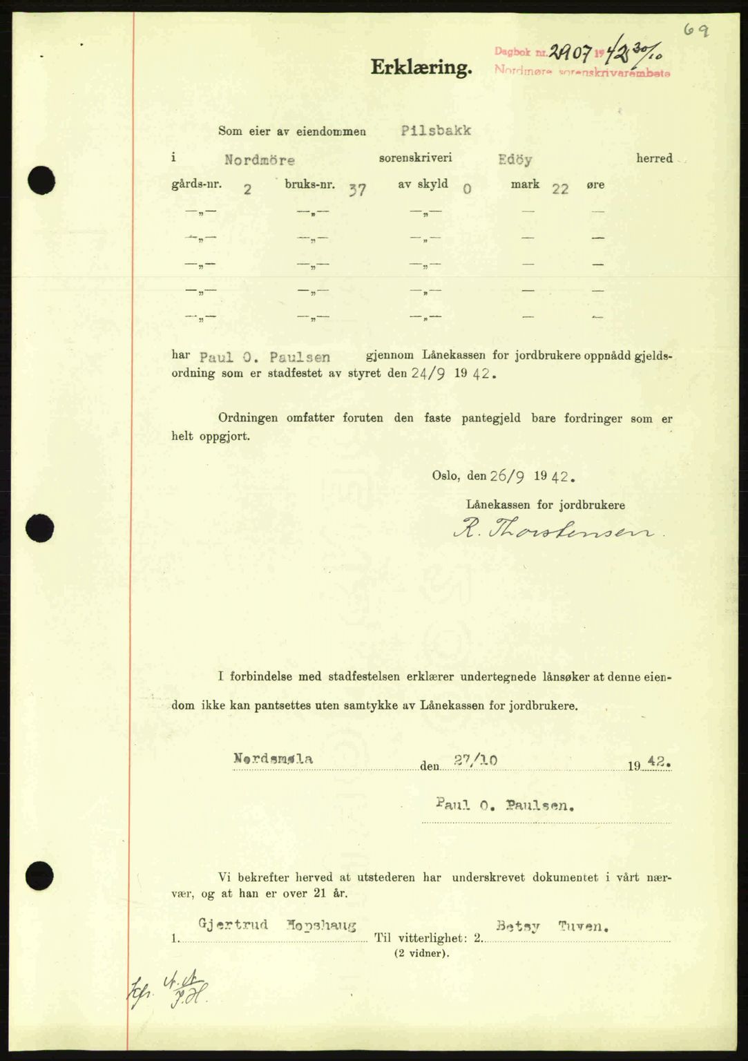 Nordmøre sorenskriveri, AV/SAT-A-4132/1/2/2Ca: Pantebok nr. B90, 1942-1943, Dagboknr: 2907/1942