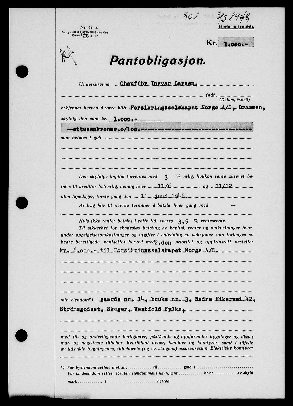 Holmestrand sorenskriveri, SAKO/A-67/G/Ga/Gab/L0058: Pantebok nr. B-58, 1947-1948, Dagboknr: 801/1948