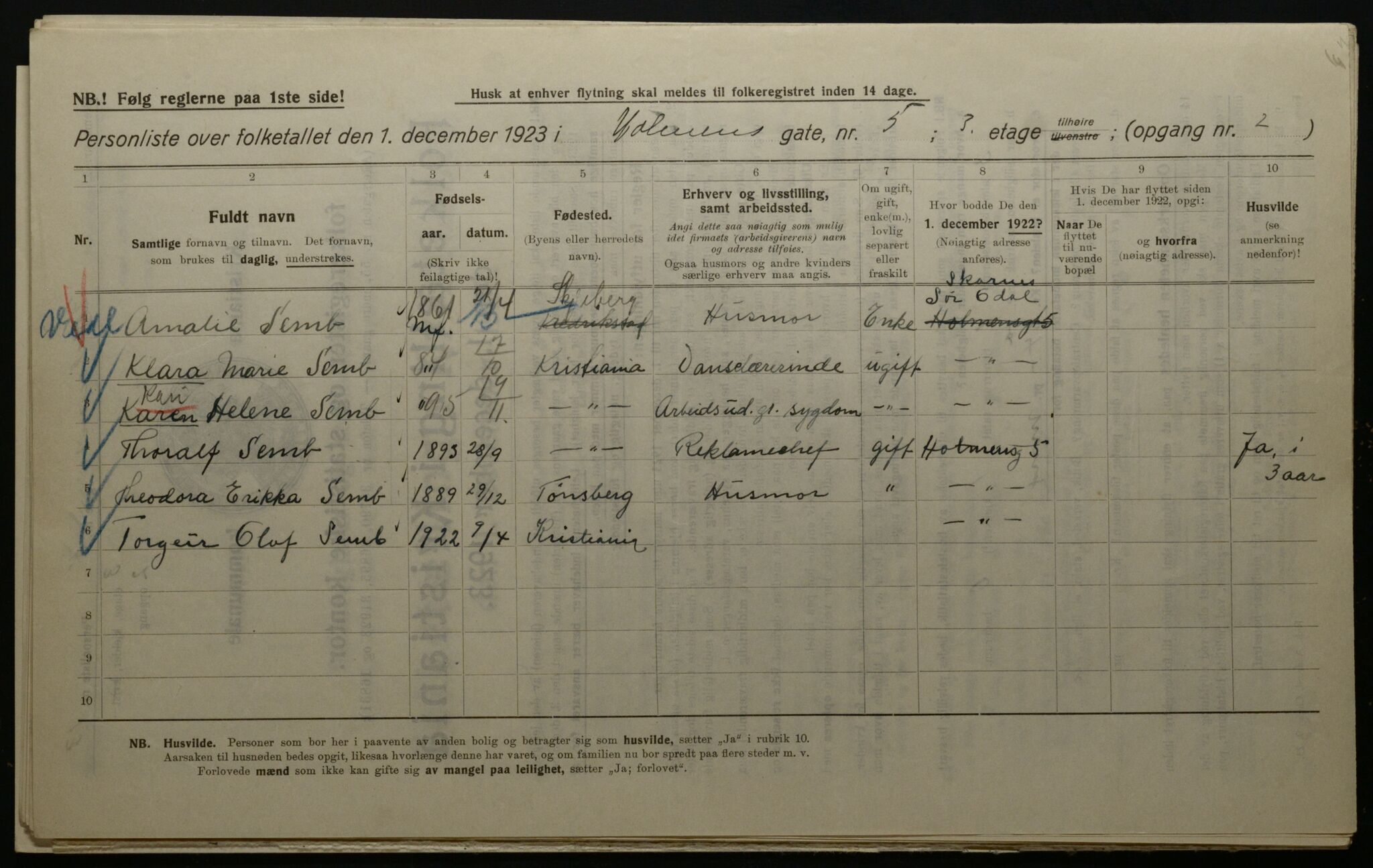 OBA, Kommunal folketelling 1.12.1923 for Kristiania, 1923, s. 45660