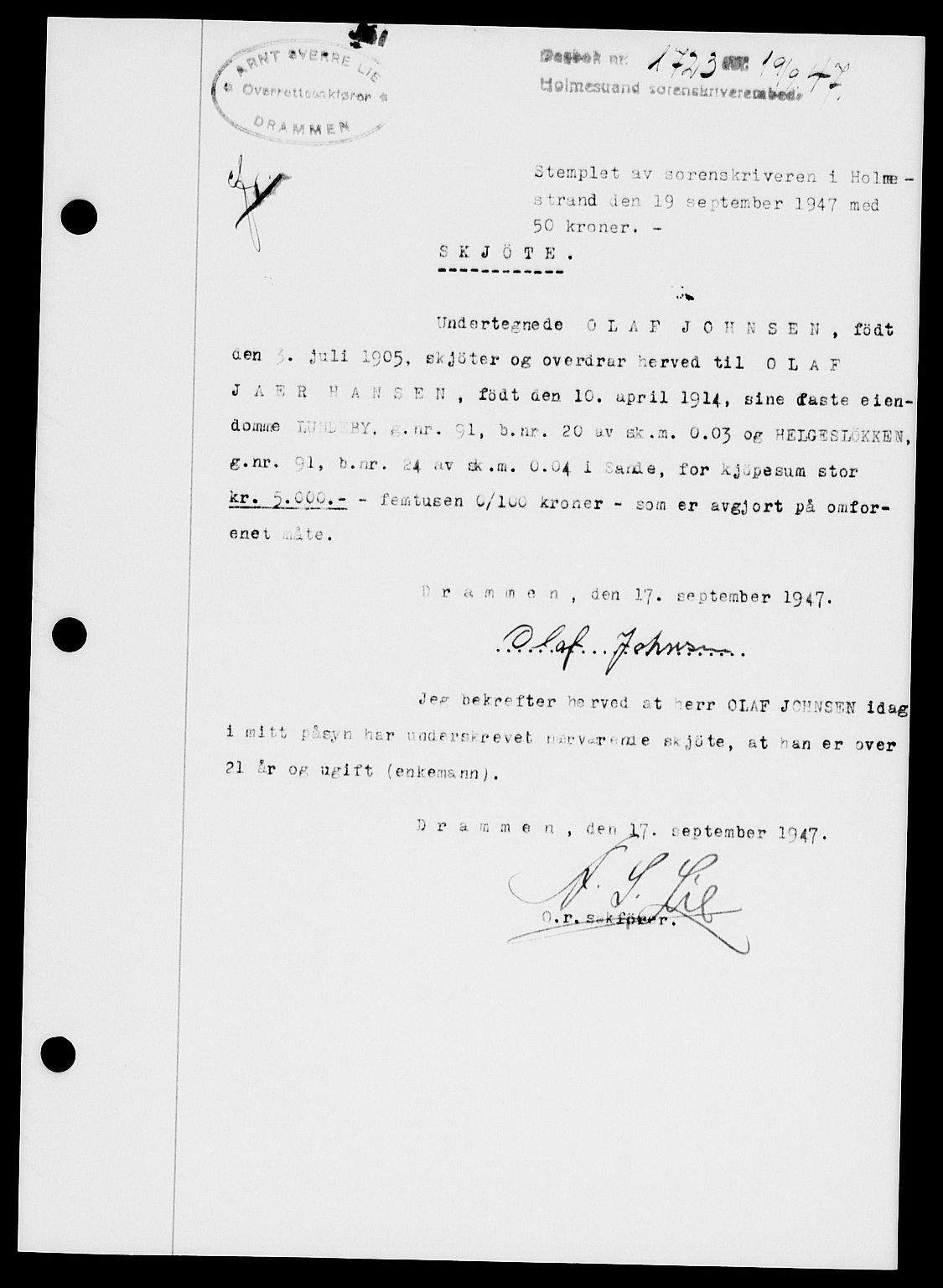 Holmestrand sorenskriveri, SAKO/A-67/G/Ga/Gaa/L0062: Pantebok nr. A-62, 1947-1947, Dagboknr: 1723/1947