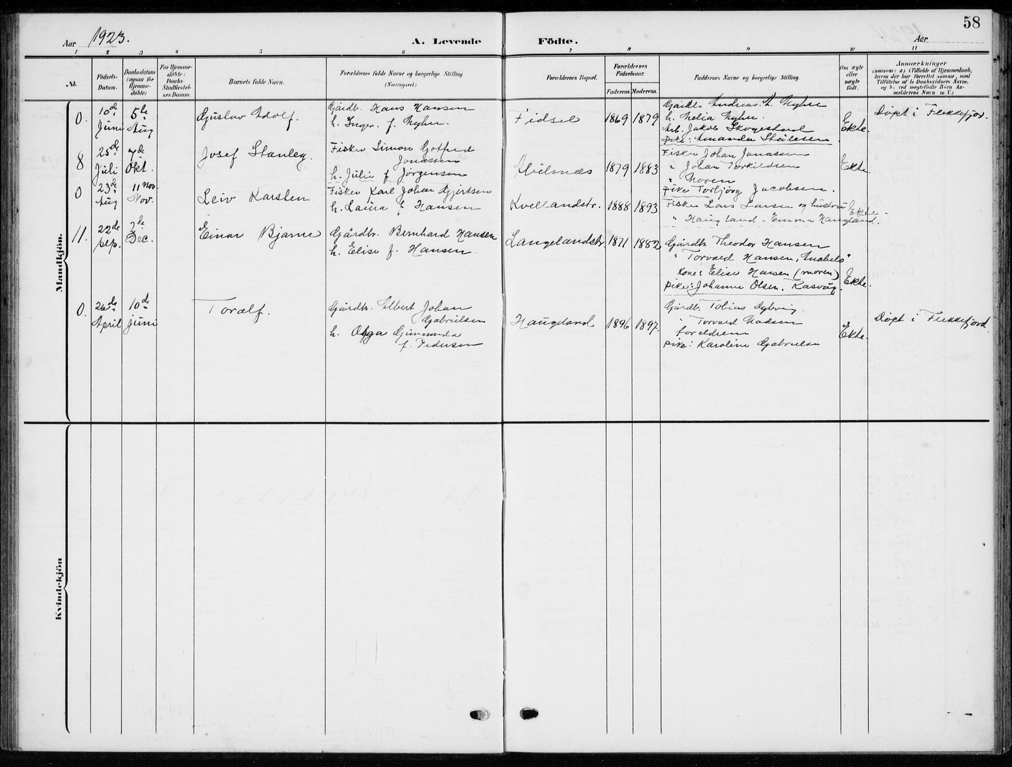 Flekkefjord sokneprestkontor, AV/SAK-1111-0012/F/Fb/Fbb/L0005: Klokkerbok nr. B 5, 1908-1927, s. 58