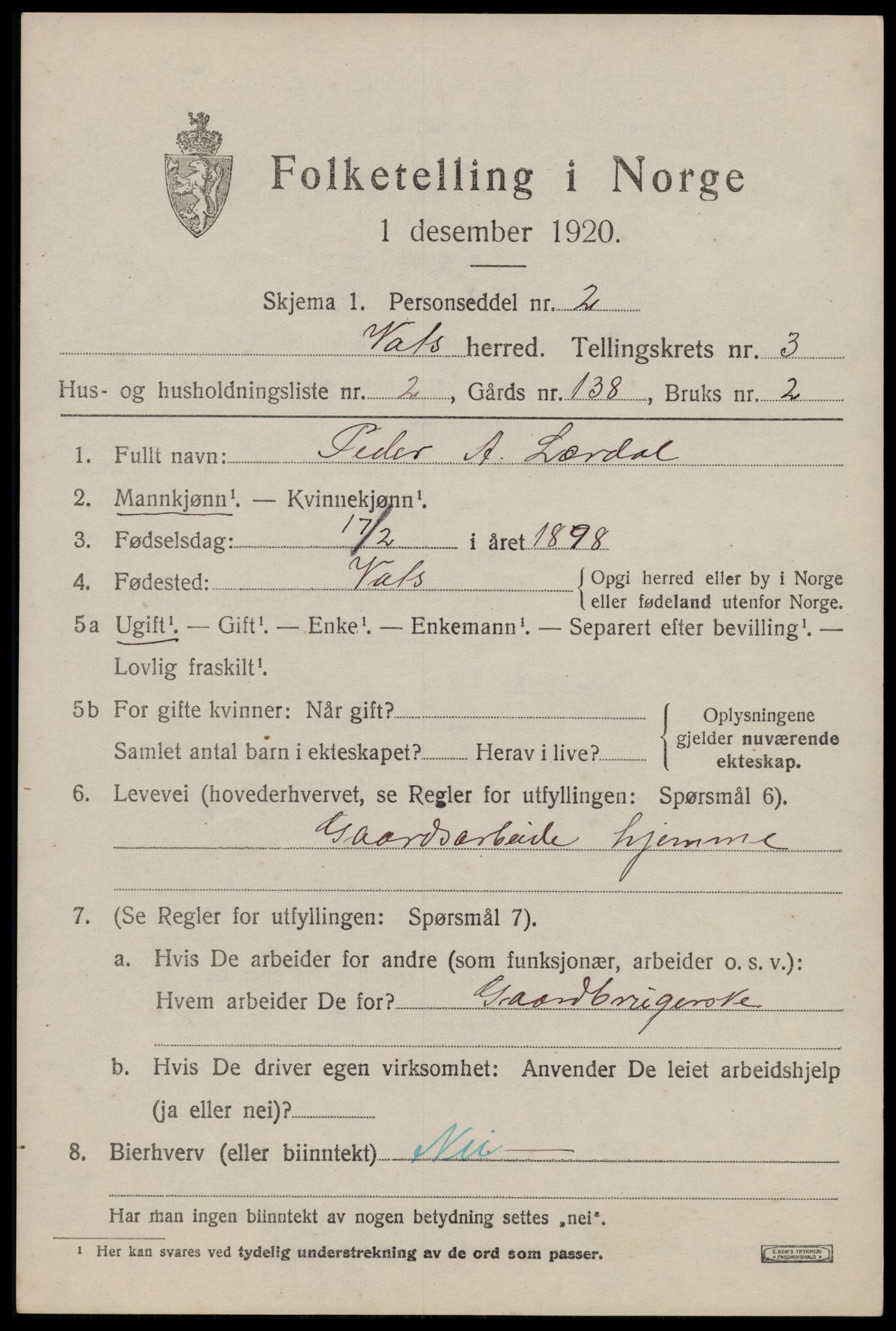 SAST, Folketelling 1920 for 1155 Vats herred, 1920, s. 1093