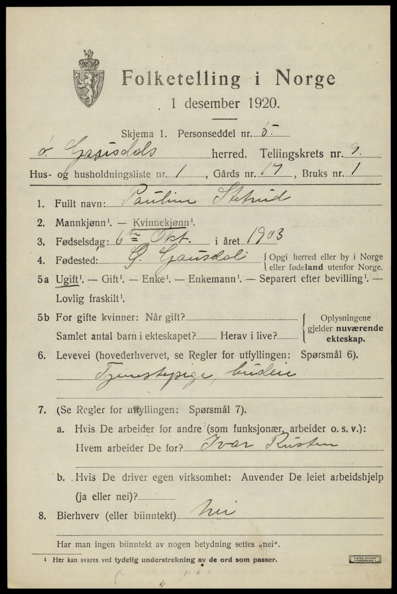 SAH, Folketelling 1920 for 0522 Østre Gausdal herred, 1920, s. 4932