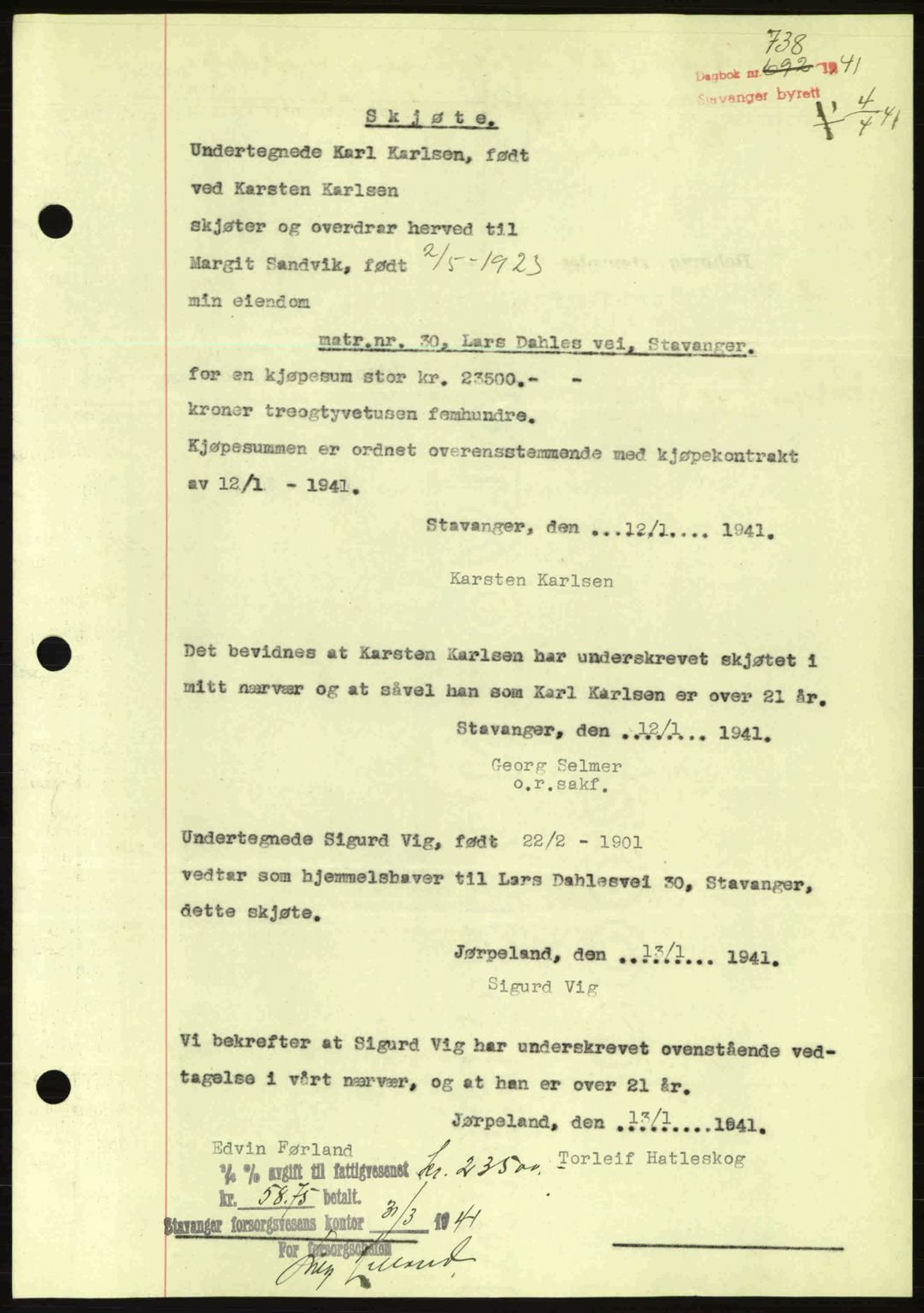 Stavanger byrett, SAST/A-100455/002/G/Gb/L0016: Pantebok nr. A6, 1940-1941, Dagboknr: 738/1941