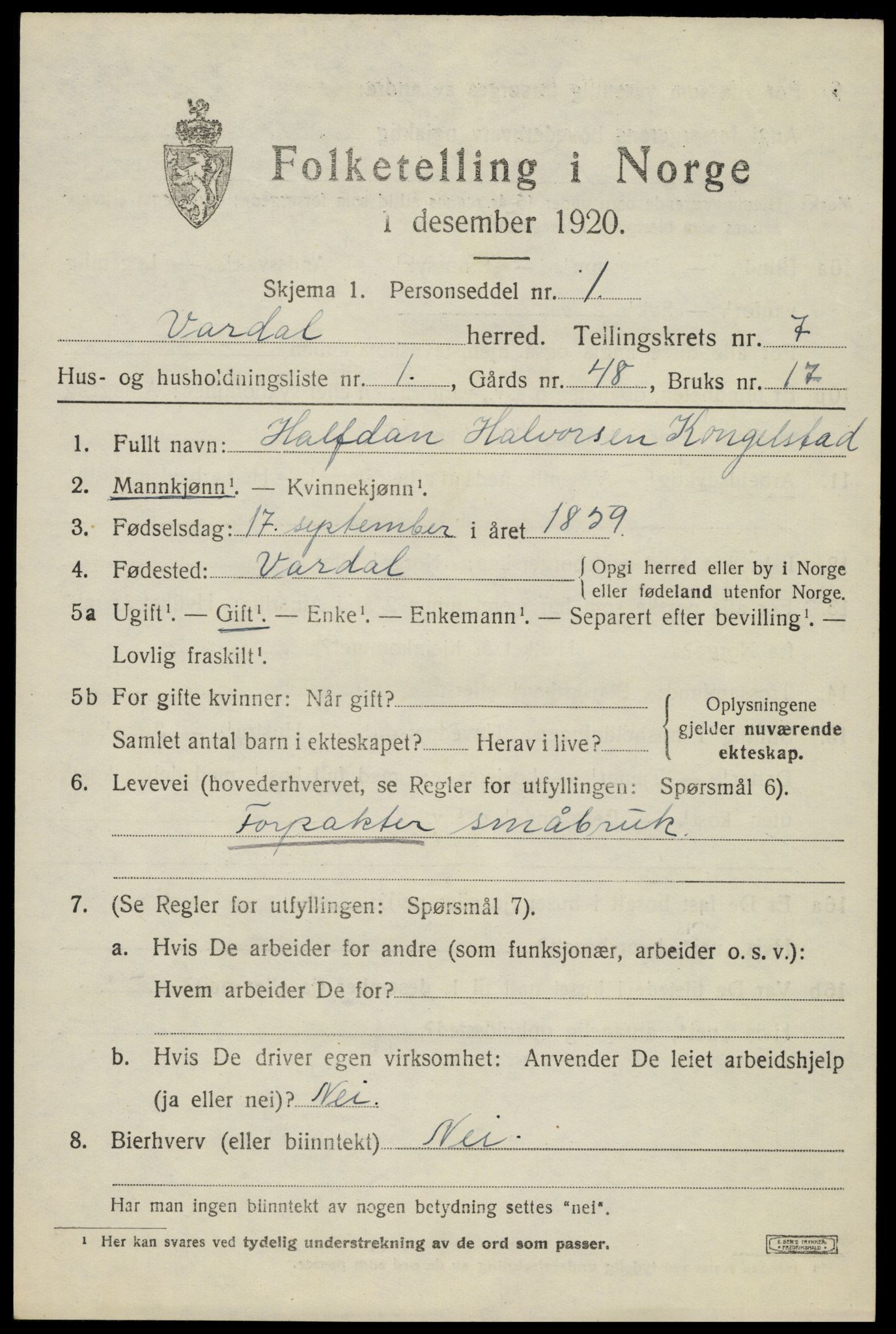 SAH, Folketelling 1920 for 0527 Vardal herred, 1920, s. 4863