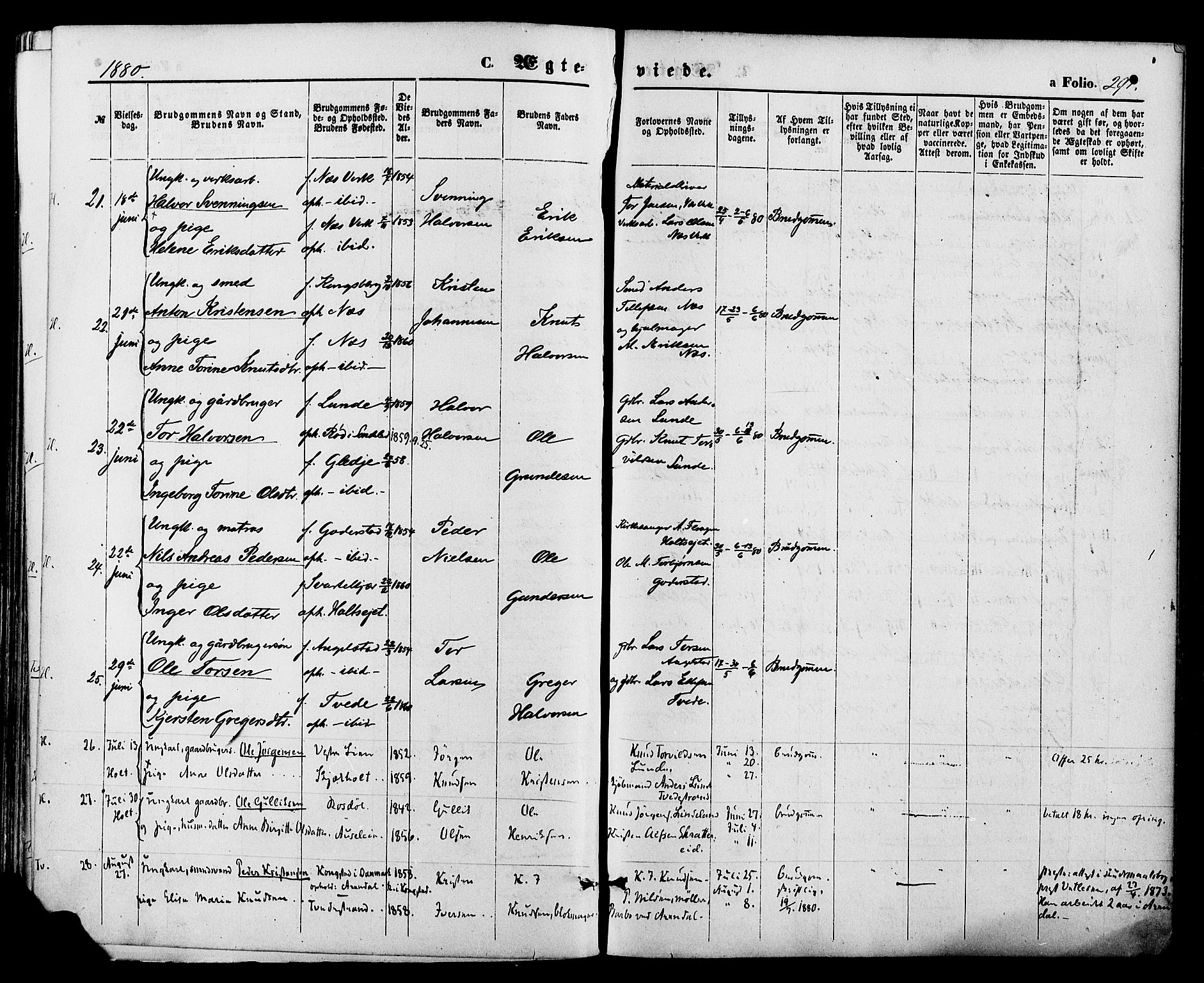 Holt sokneprestkontor, AV/SAK-1111-0021/F/Fa/L0010: Ministerialbok nr. A 10, 1872-1885, s. 291