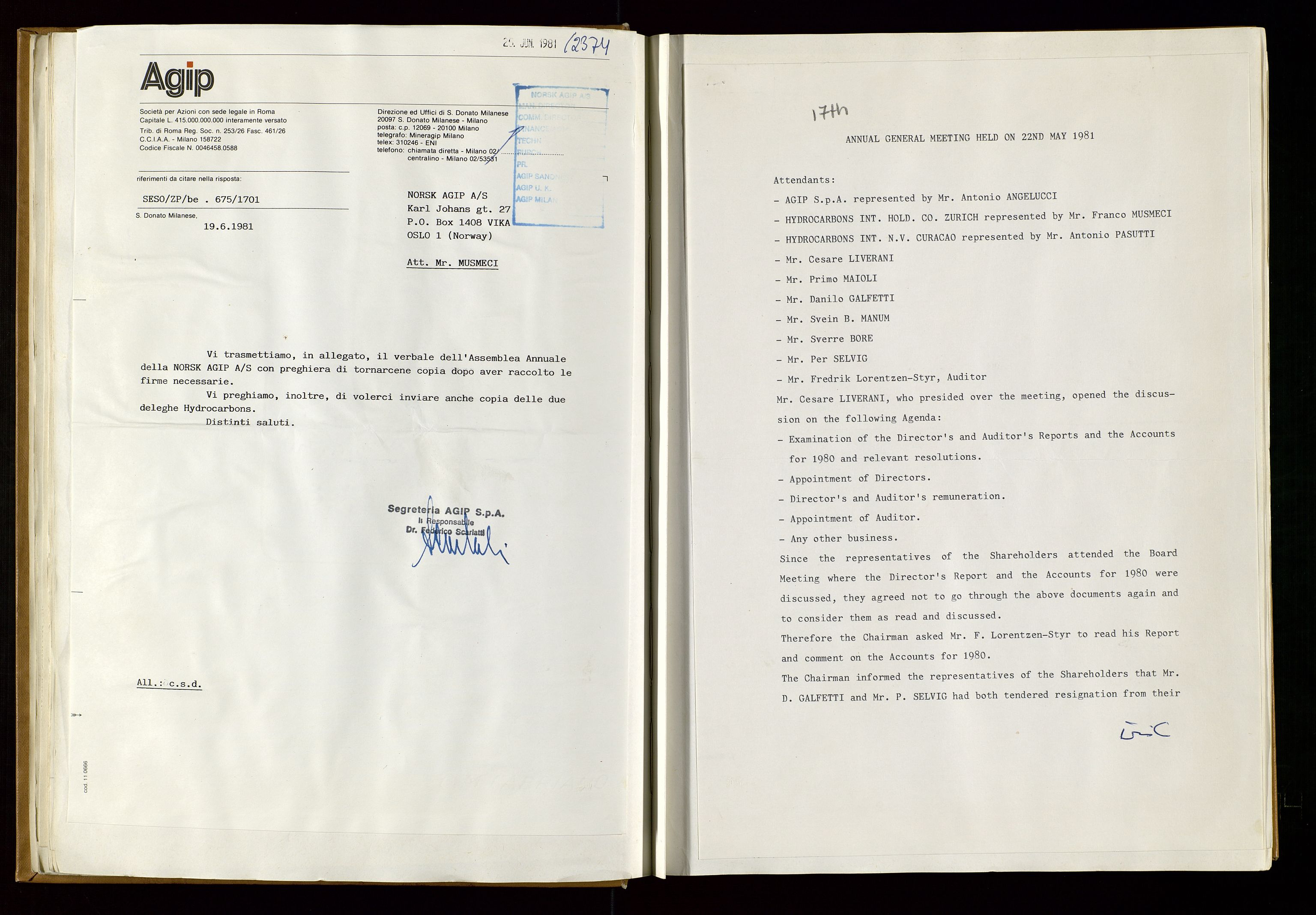Pa 1583 - Norsk Agip AS, AV/SAST-A-102138/A/Aa/L0001: General assembly and Board of Directors meeting minutes, 1965-1990