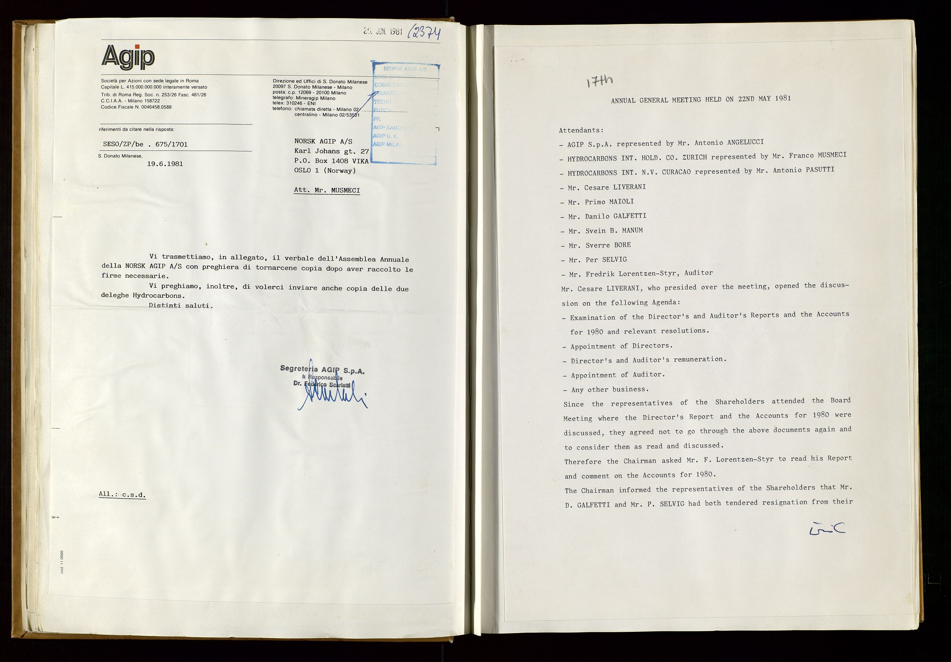 Pa 1583 - Norsk Agip AS, SAST/A-102138/A/Aa/L0001: General assembly and Board of Directors meeting minutes, 1965-1990